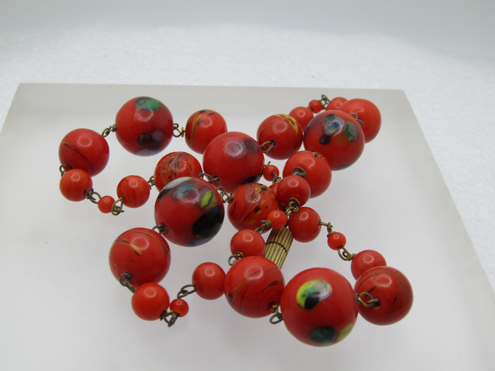 Vintage 1950's-1960's Orange Art Glass Necklace, 16", Barrel Clasp. The beads are orange and range - 4