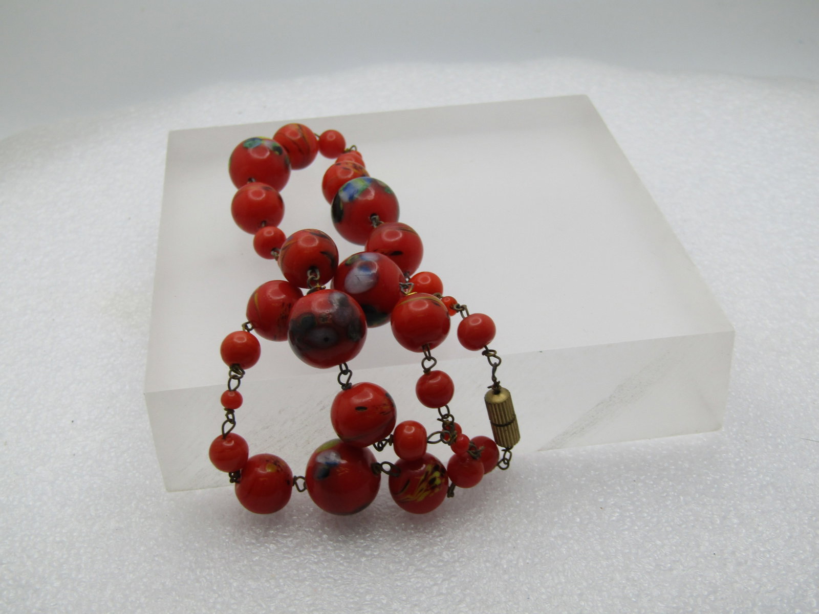 Vintage 1950's-1960's Orange Art Glass Necklace, 16", Barrel Clasp. The beads are orange and range - 5