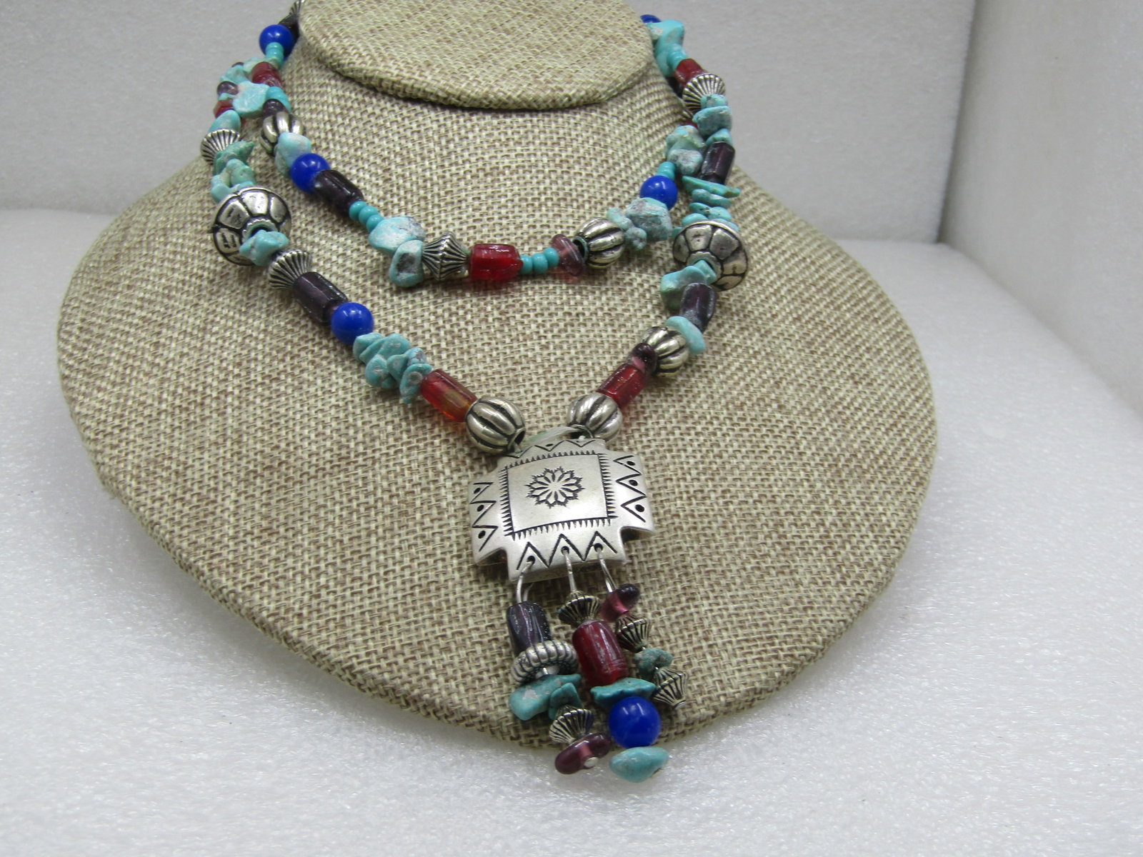 Southwestern Beaded Necklace, 28", Simulated Turquoise, Lapis & More - 3