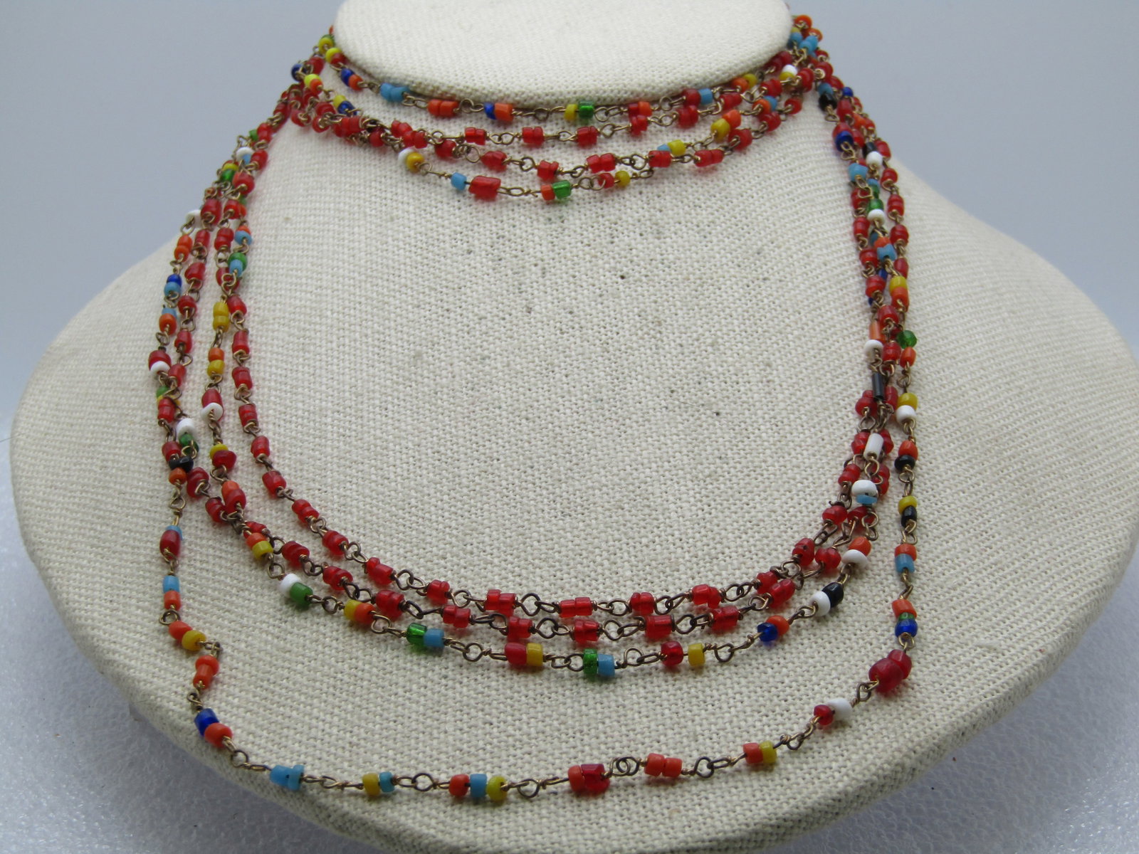 2 Vintage Glass Beaded Necklace, 58", 1960's, Red and Multi Color - Hippie/Boho: Title: 2 Vintage Glass Beaded Necklace, 58", 1960's, Red and Multi Color - Hippie/Boho Description: 2 Vintage Glass Beaded Necklace, 58", 1960's, Red and Multi Color. Glass beads with brassy gold tone