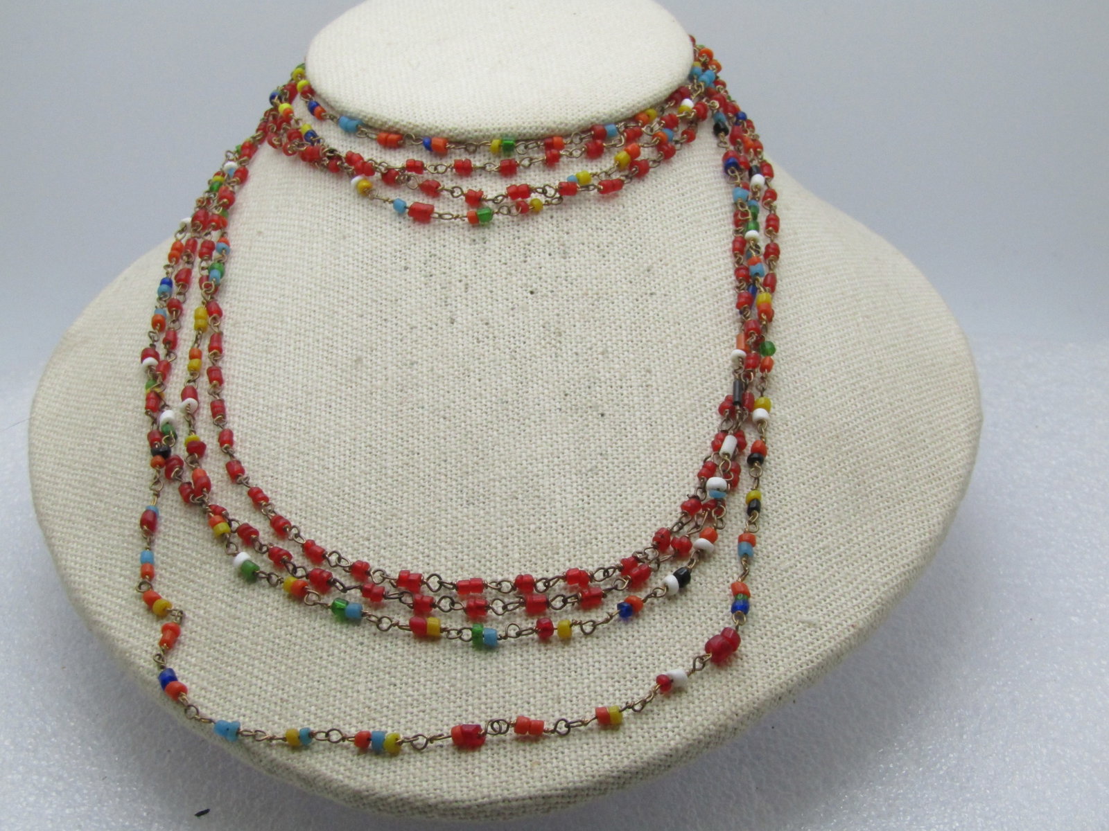 2 Vintage Glass Beaded Necklace, 58", 1960's, Red and Multi Color - Hippie/Boho - 3