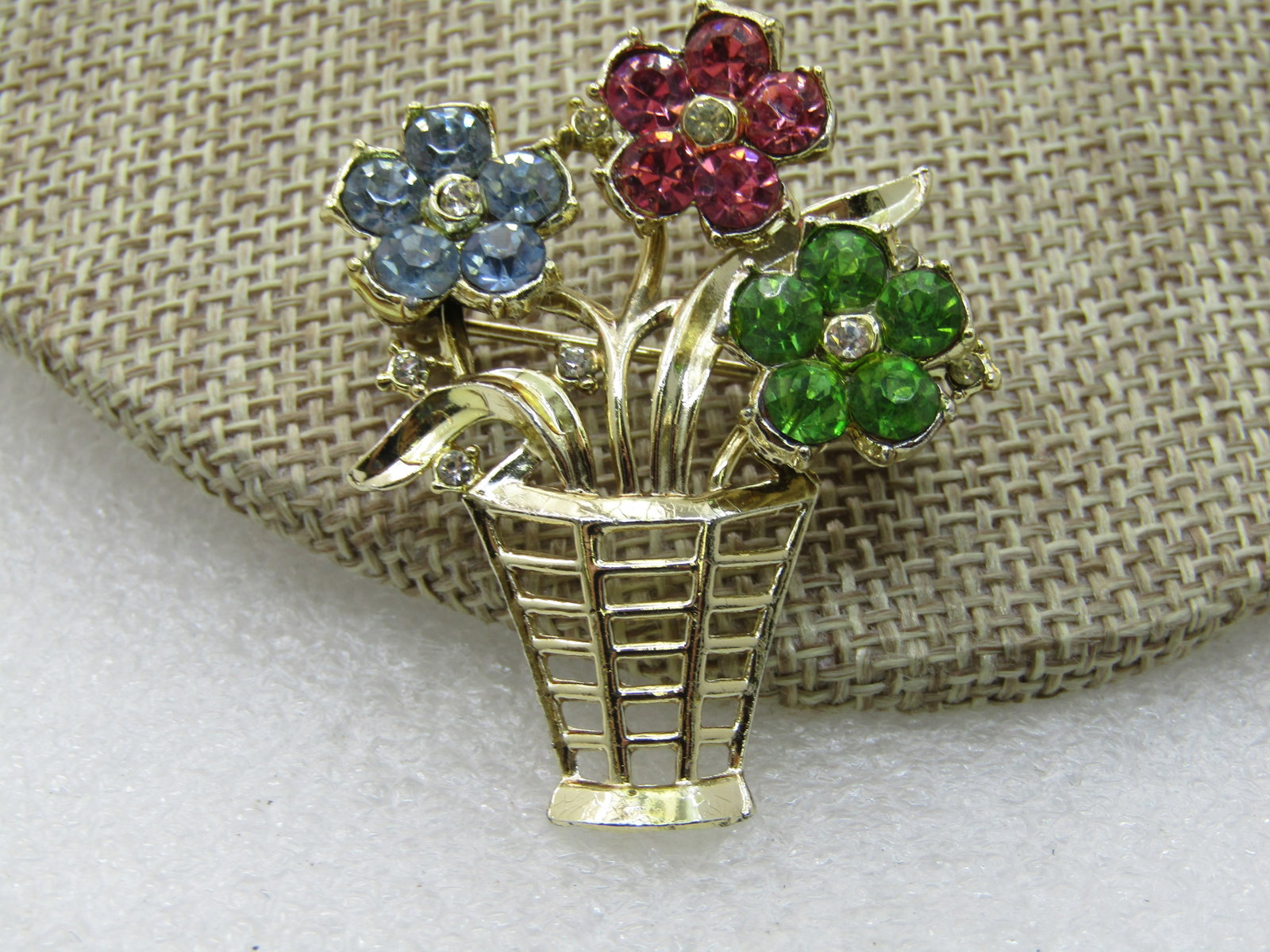 Vintage Rhinestone Floral Basket Brooch, 1.75" Tall, Gold Tone - 3