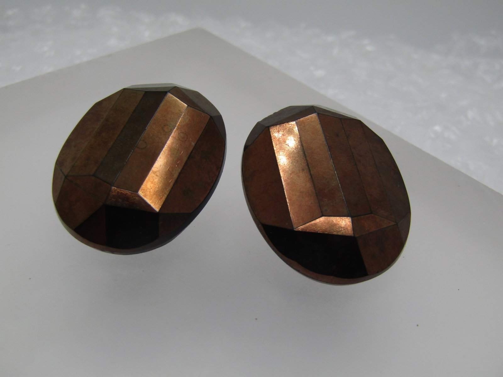 Vintage Metallic Copper Tone Faceted Earrings, Clip, Black Glass Base - 4