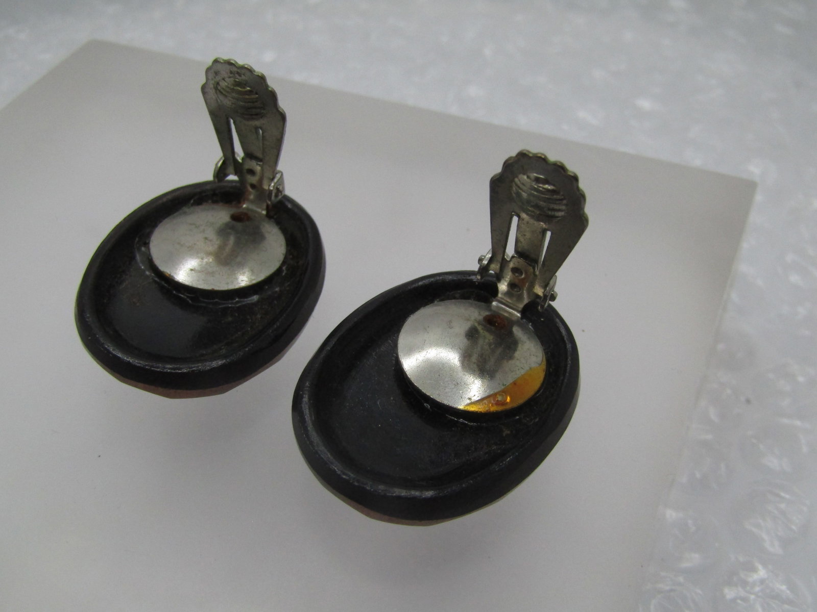 Vintage Metallic Copper Tone Faceted Earrings, Clip, Black Glass Base - 6