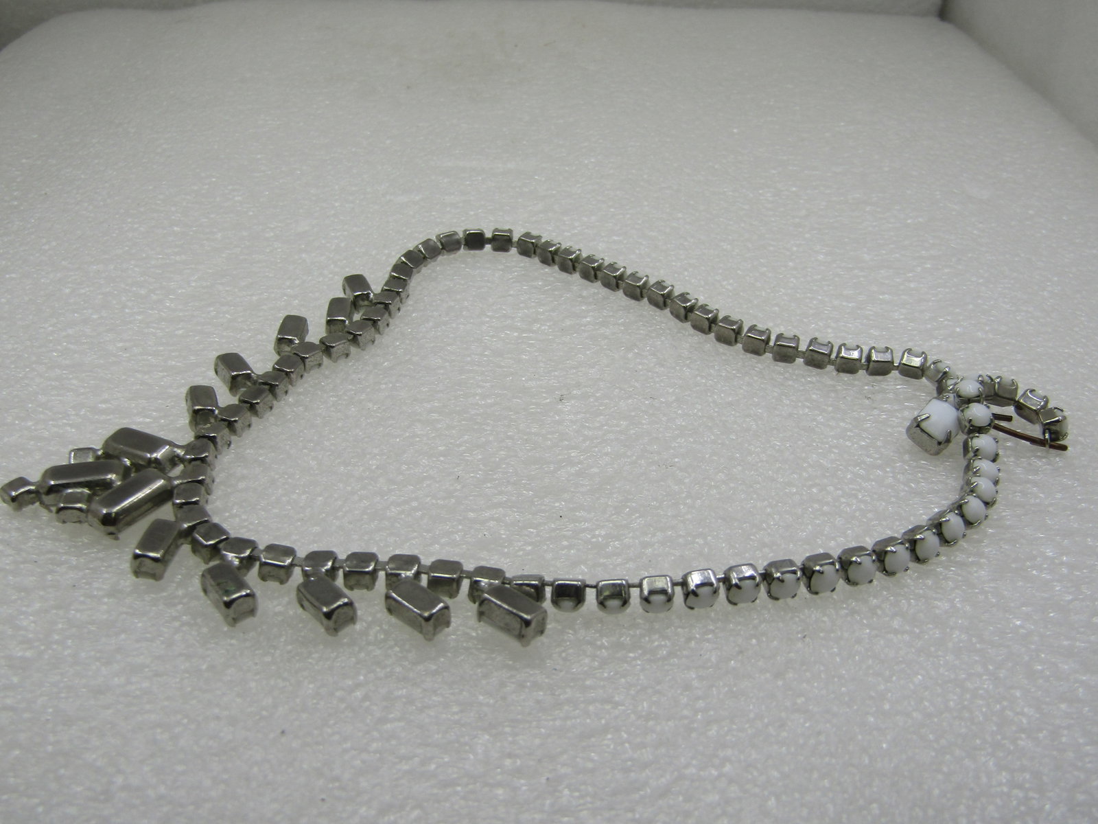 Vintage White Milk Glass & Rhinestone Bib Necklace, 16" - 4