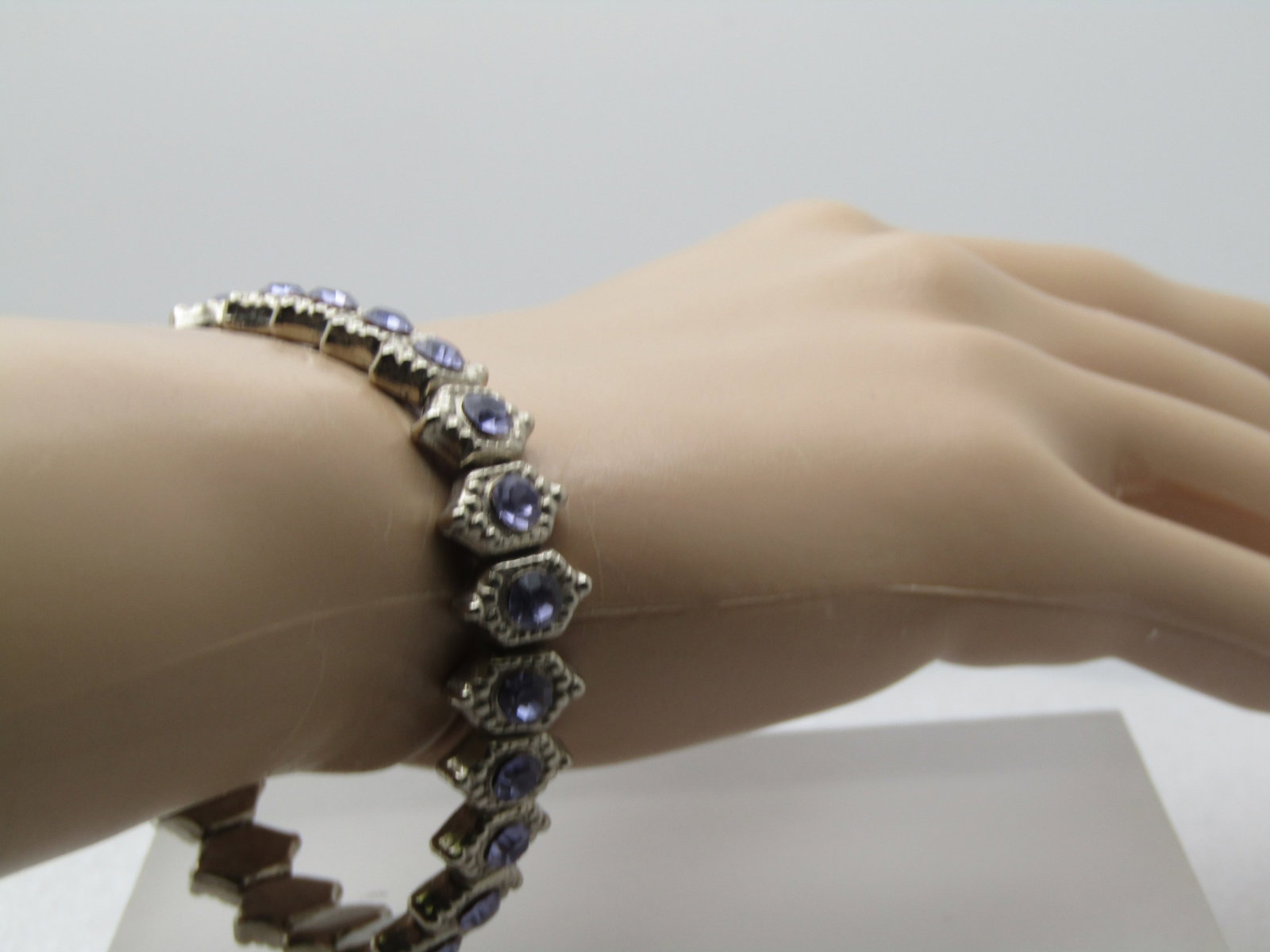 Vintage Violet Rhinestone Stretch Bracelet, 7"-8", 1990's - 4
