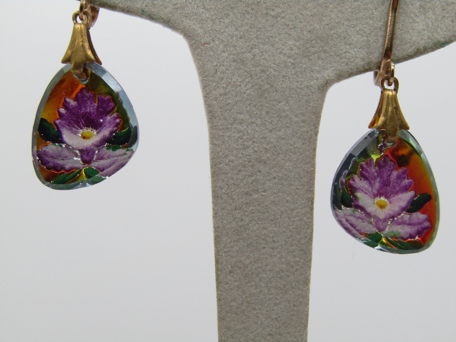 Vintage Reverse Orchid Drop Earrings, Clip, 1960's - 2