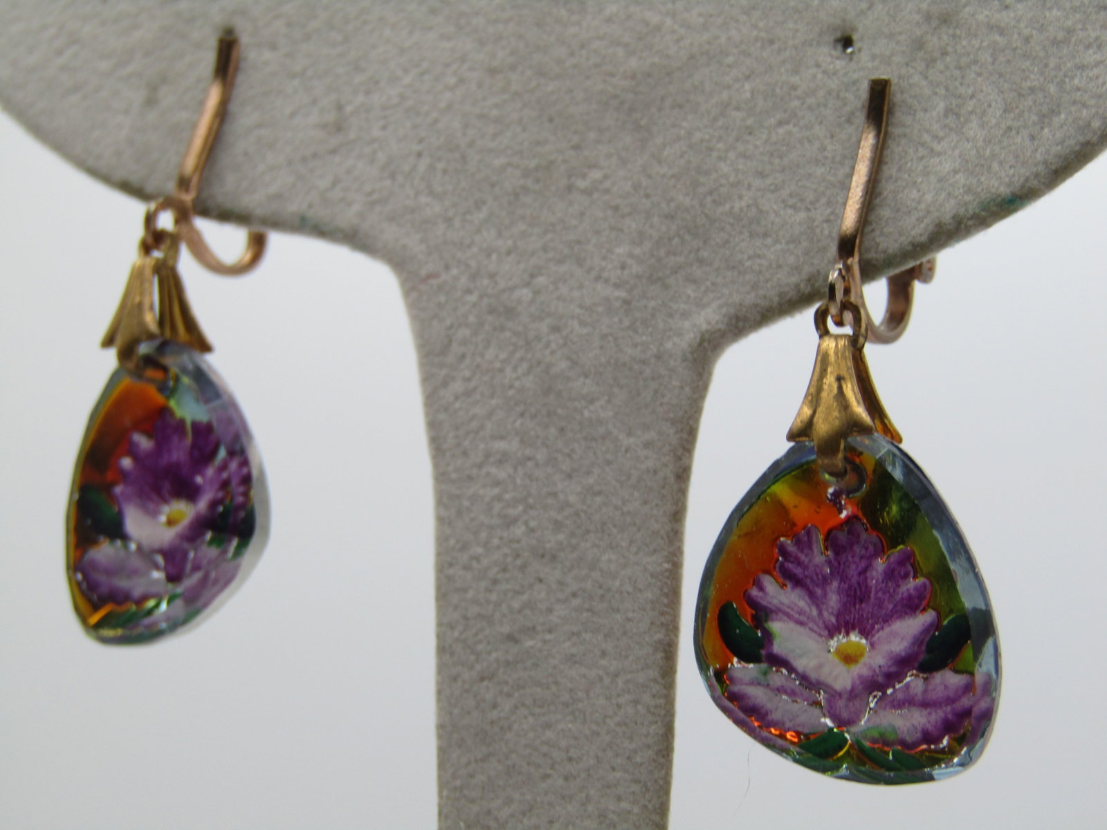 Vintage Reverse Orchid Drop Earrings, Clip, 1960's - 3