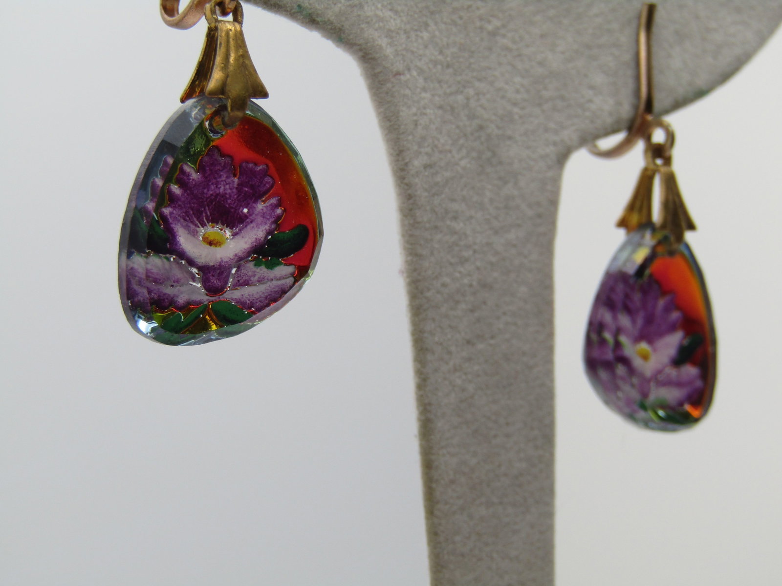 Vintage Reverse Orchid Drop Earrings, Clip, 1960's - 4