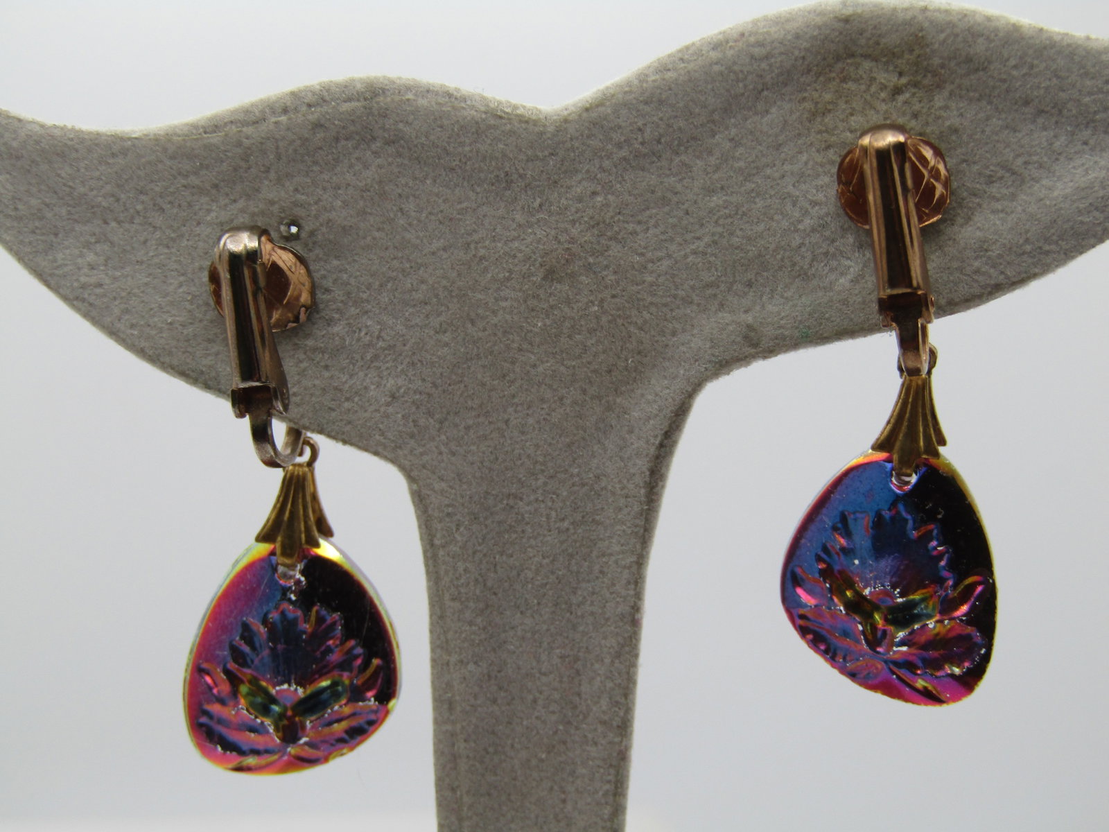 Vintage Reverse Orchid Drop Earrings, Clip, 1960's - 5