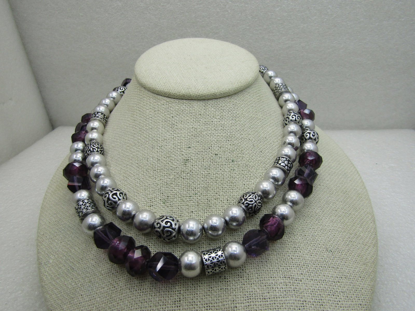 Vintage Double Strand Silver & Purple Beaded Necklace, Premier Designs, 20" - 3
