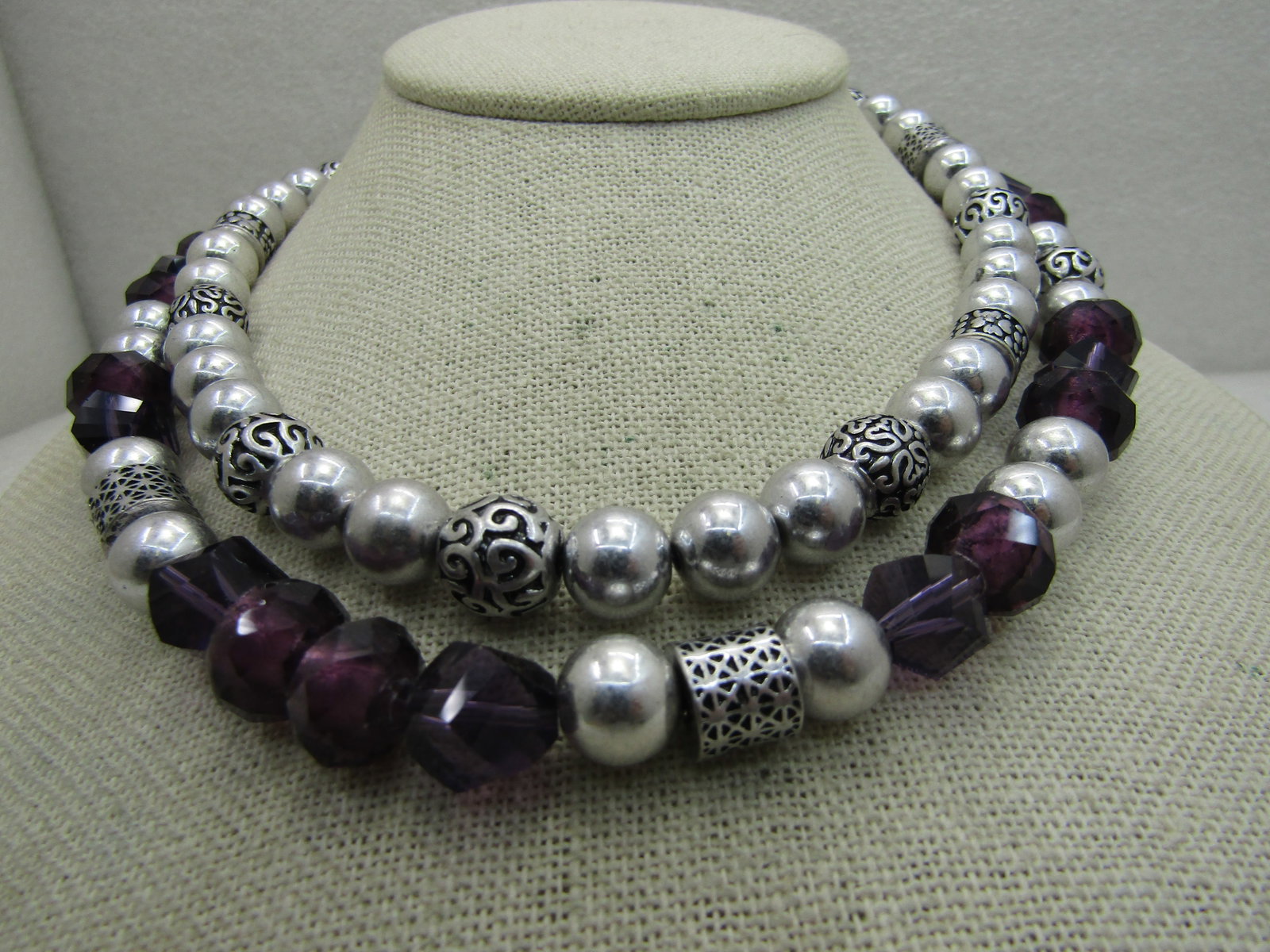 Vintage Double Strand Silver & Purple Beaded Necklace, Premier Designs, 20" - 4