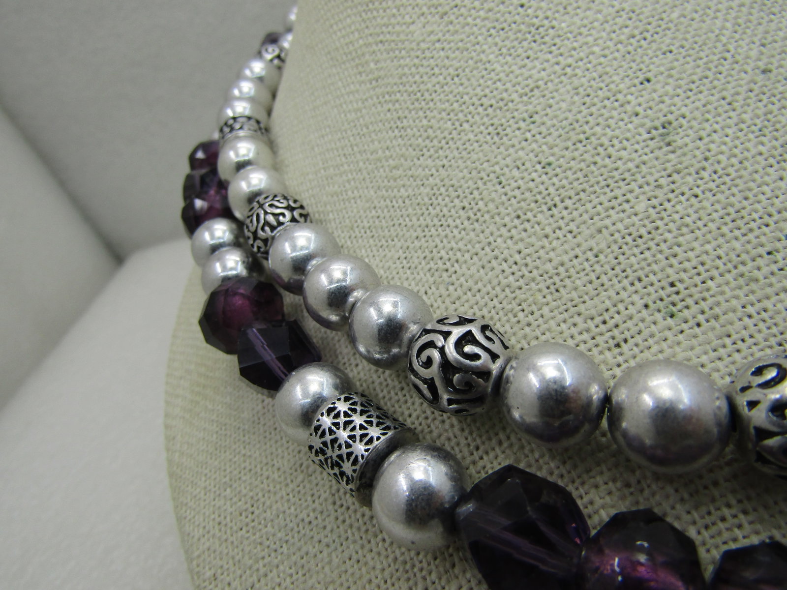 Vintage Double Strand Silver & Purple Beaded Necklace, Premier Designs, 20" - 5
