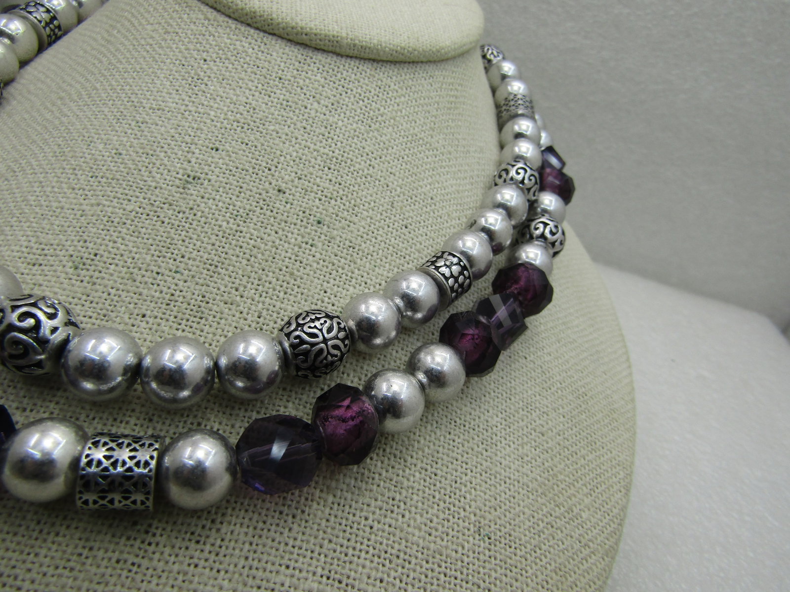 Vintage Double Strand Silver & Purple Beaded Necklace, Premier Designs, 20" - 6