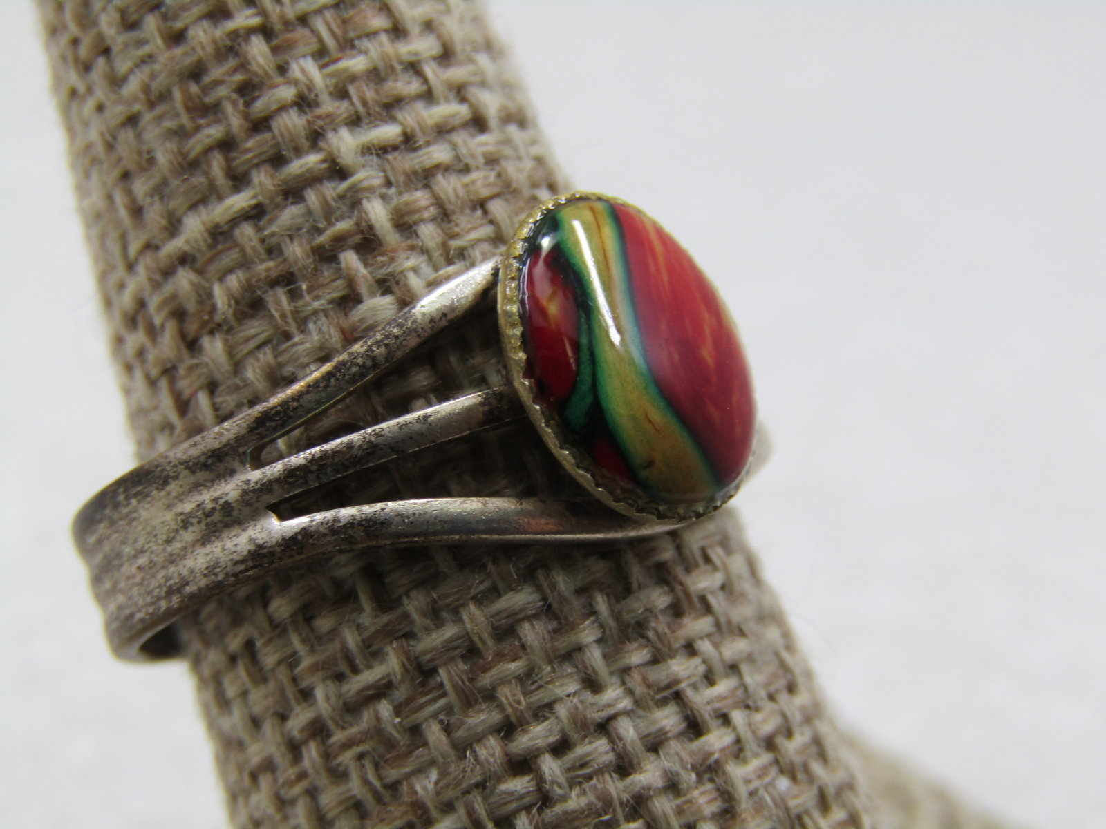 Vintage Silver Tone Red Glass Stone Ring, Adj. 6-8 - 2