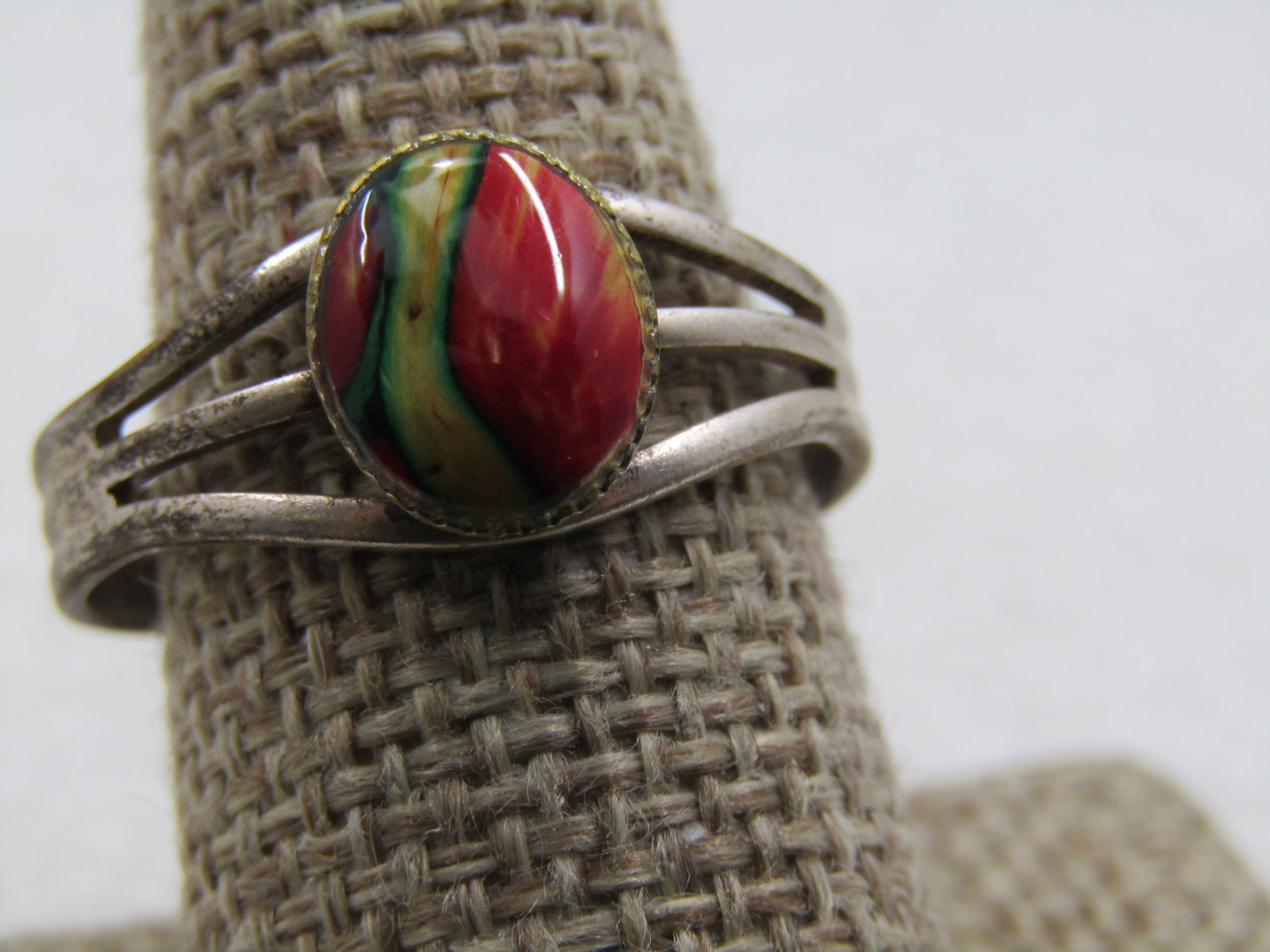 Vintage Silver Tone Red Glass Stone Ring, Adj. 6-8 - 4