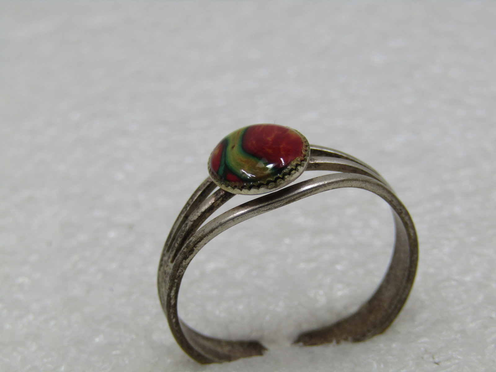 Vintage Silver Tone Red Glass Stone Ring, Adj. 6-8 - 5