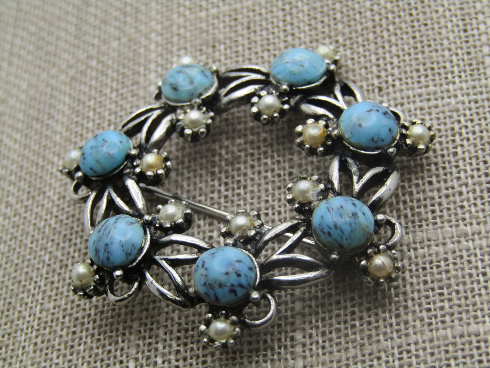 Vintage Faux Turquoise & Pearl Brooch, 1.75", 1960's-1970's: Title: Vintage Faux Turquoise & Pearl Brooch, 1.75", 1960's-1970's Description: Vintage Faux Turquoise & Pearl Brooch, 1.75", 1960's-1970's, Silver tone circle brooch with leaf-like frame and faux tur