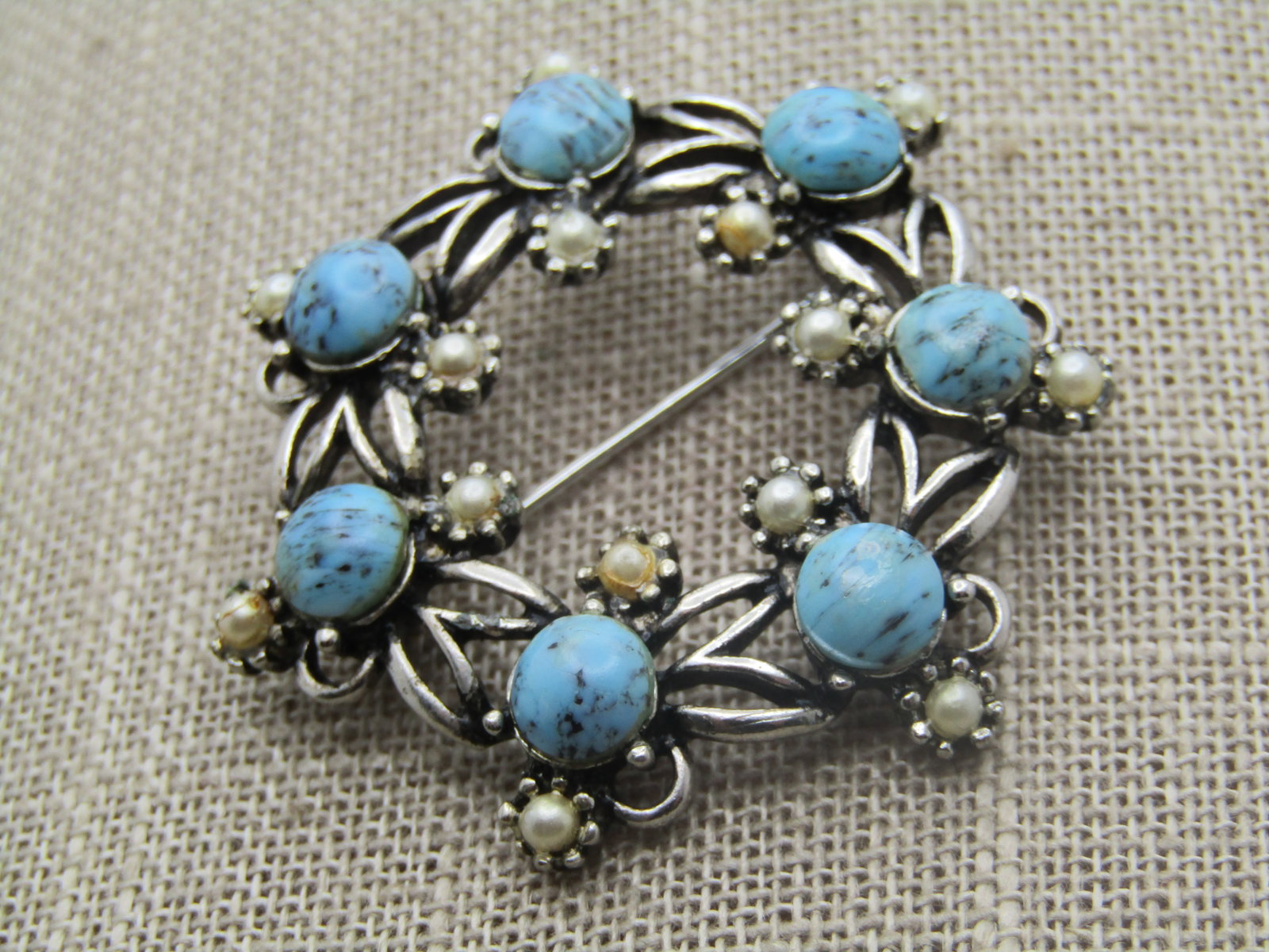 Vintage Faux Turquoise & Pearl Brooch, 1.75", 1960's-1970's - 2