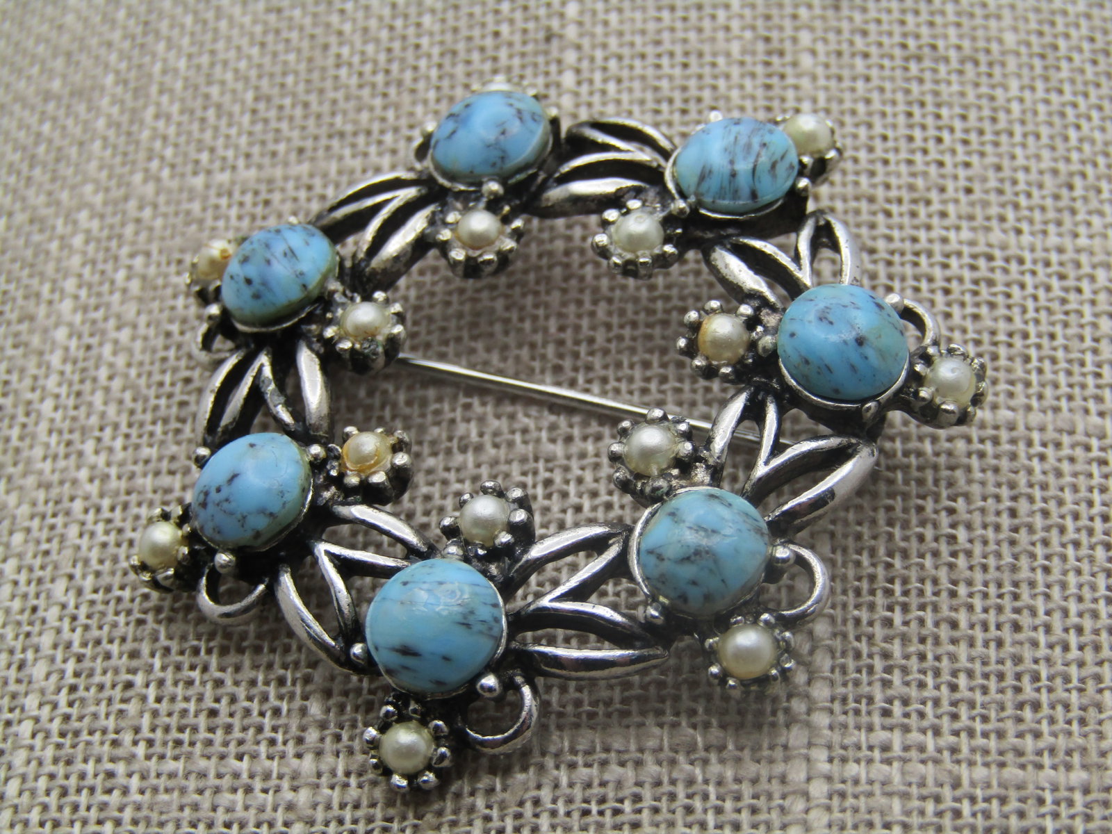 Vintage Faux Turquoise & Pearl Brooch, 1.75", 1960's-1970's - 3