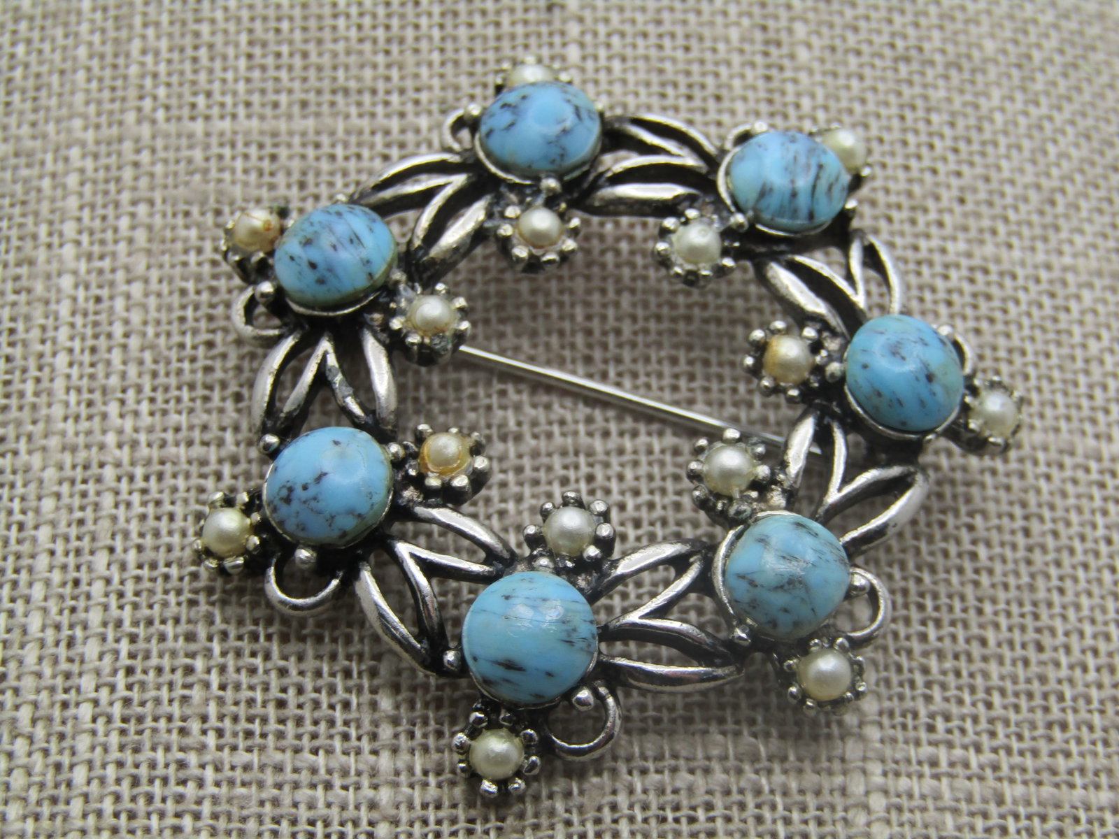 Vintage Faux Turquoise & Pearl Brooch, 1.75", 1960's-1970's - 4