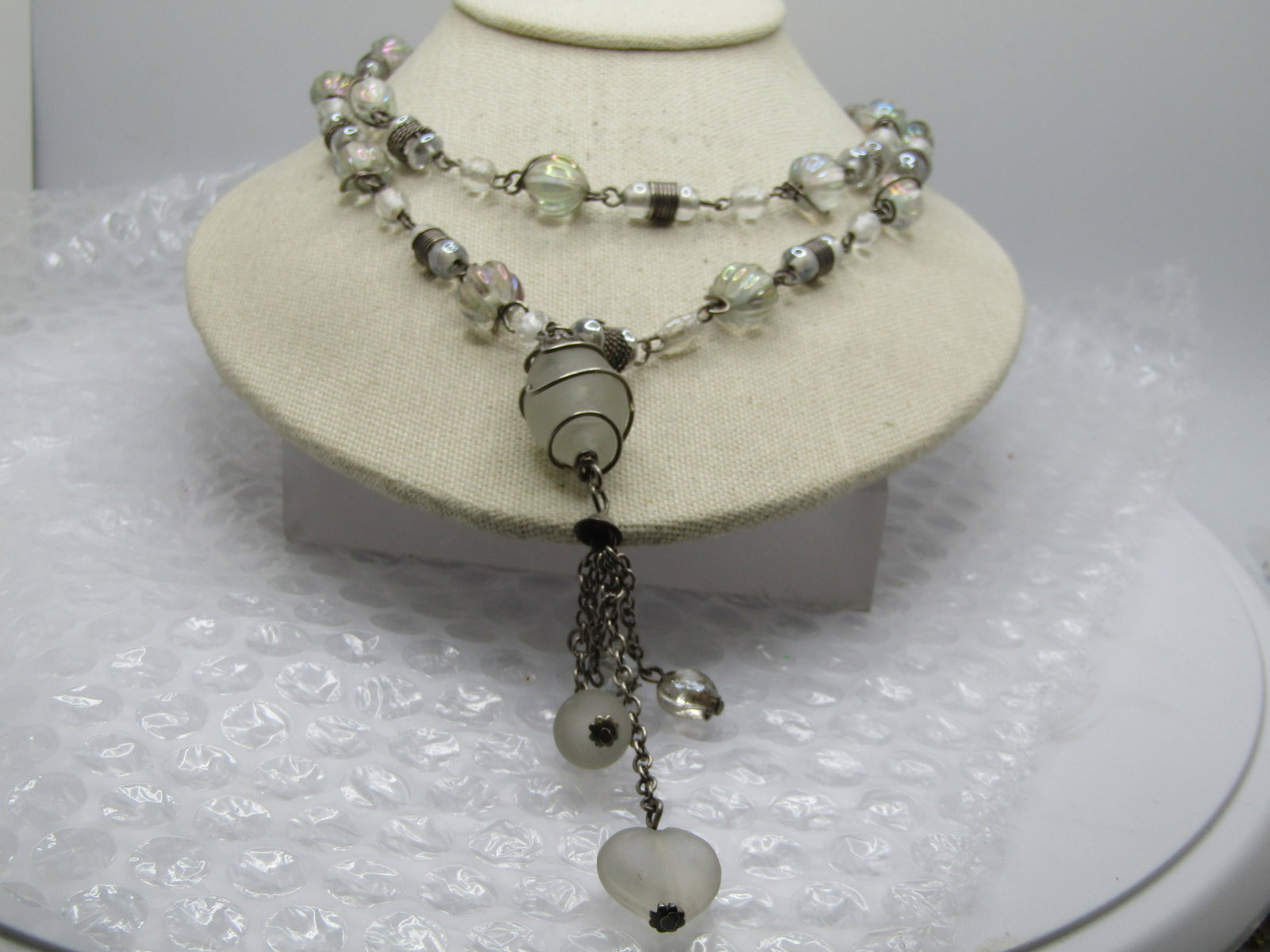 Vintage Clear & Frosted Glass Tassel necklace, 35" Plus Tassel, 1970's-1980's - 2