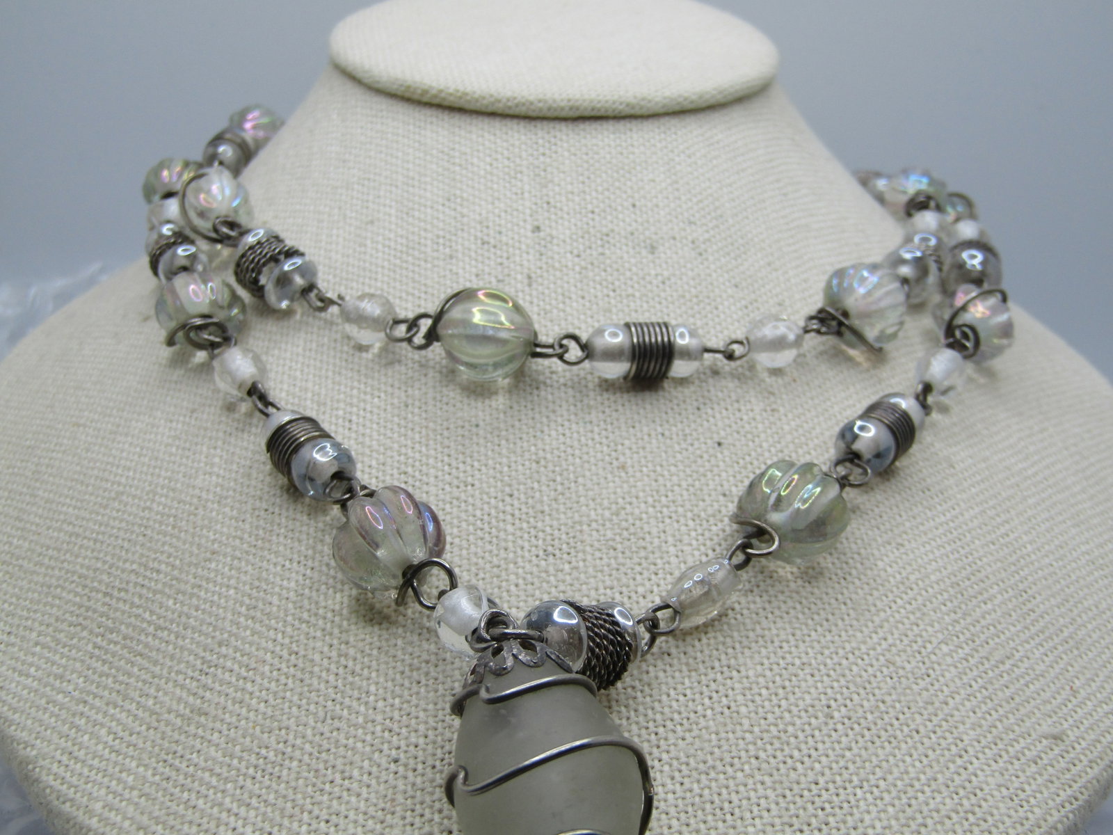 Vintage Clear & Frosted Glass Tassel necklace, 35" Plus Tassel, 1970's-1980's - 3