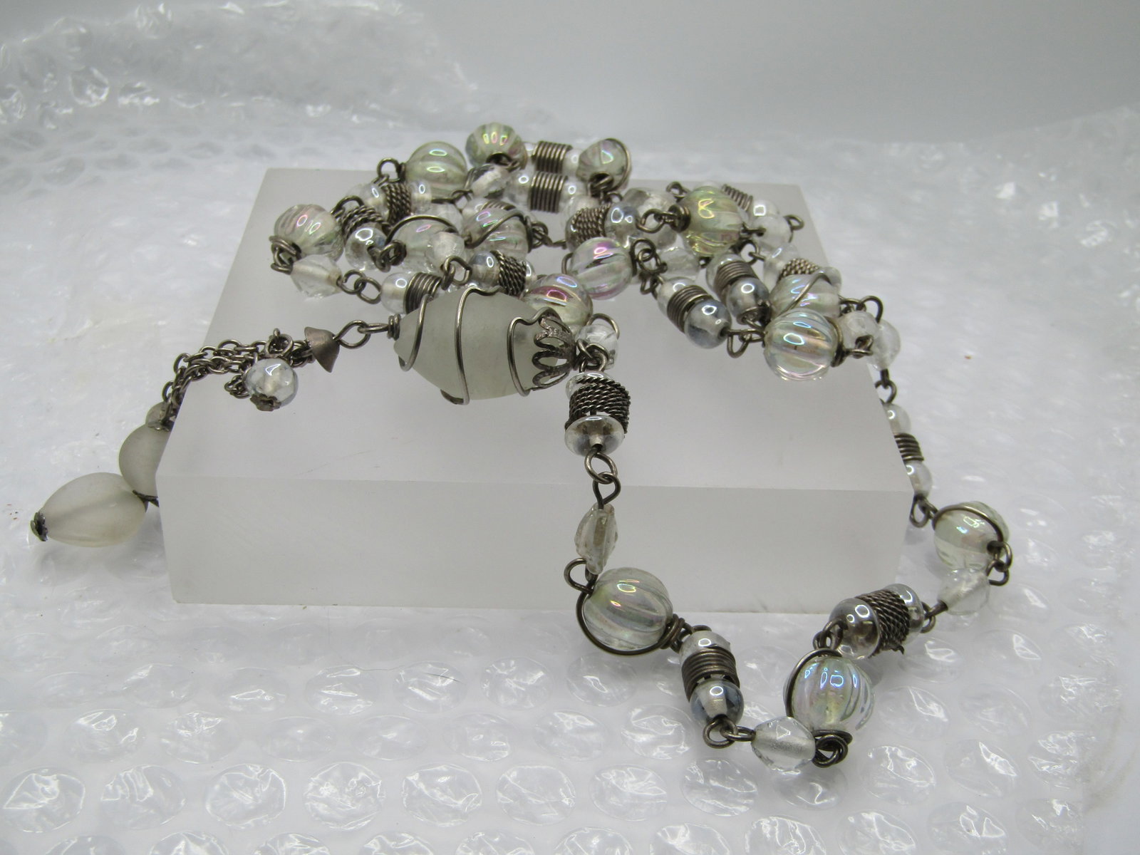 Vintage Clear & Frosted Glass Tassel necklace, 35" Plus Tassel, 1970's-1980's - 4