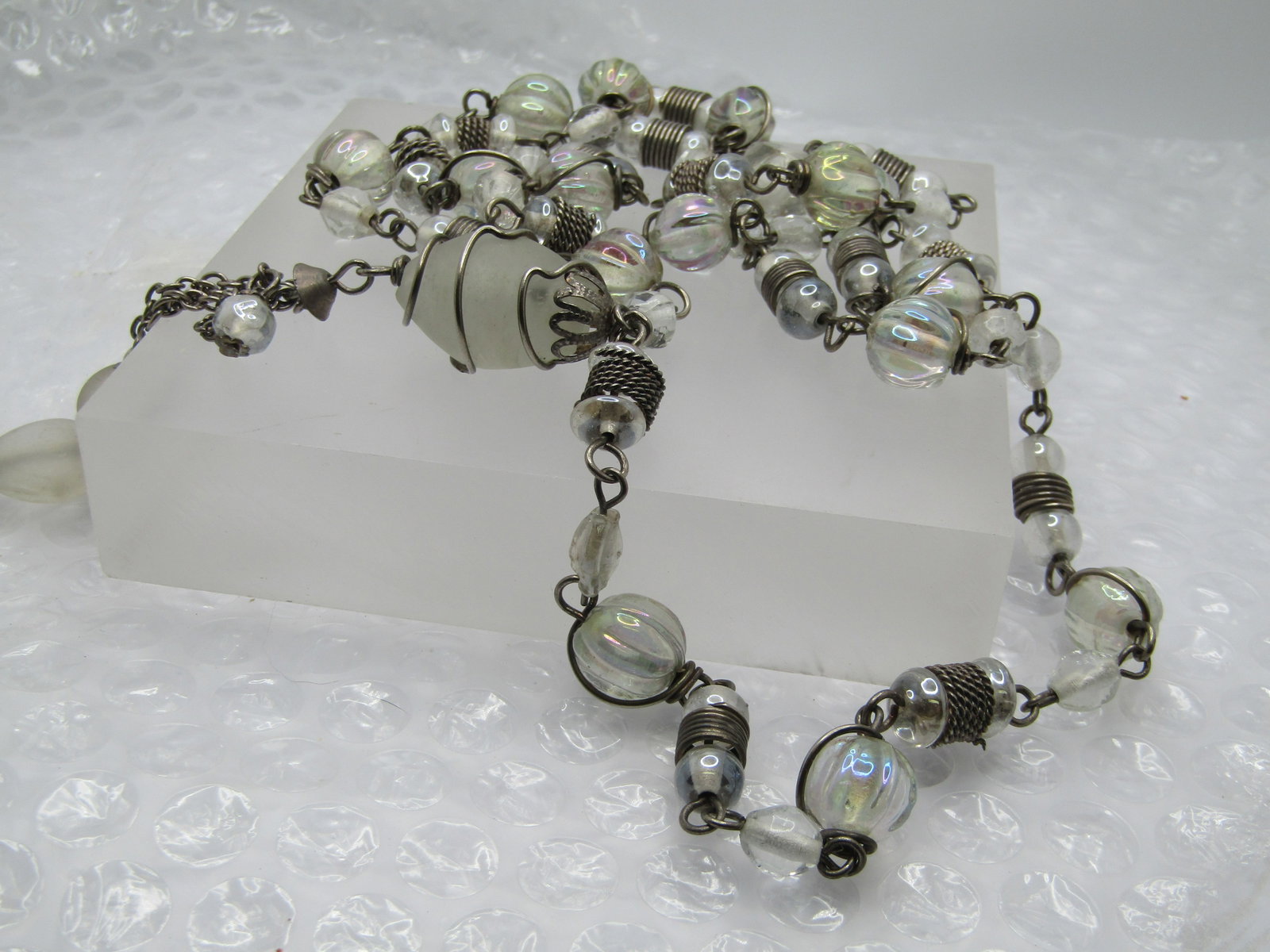 Vintage Clear & Frosted Glass Tassel necklace, 35" Plus Tassel, 1970's-1980's - 5