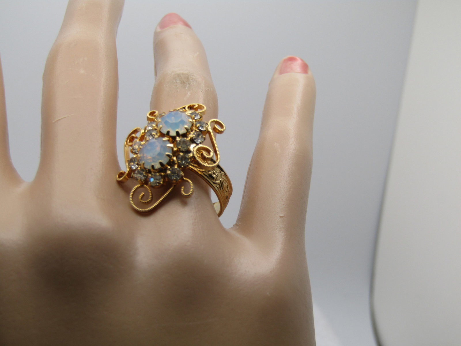 Vintage Faux Opal Rhinestone Ring, Adjustabel, 1970's-1980's - 5