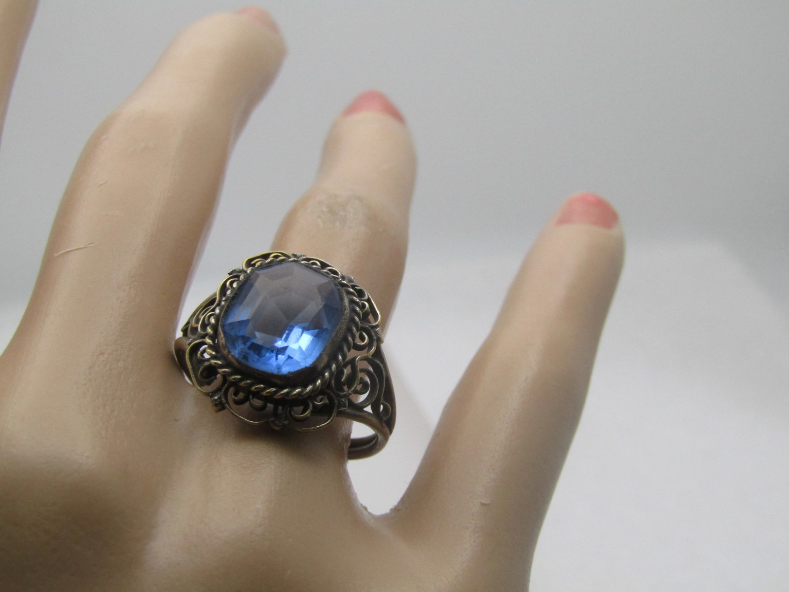 Vintage Silver Tone Blue Filigree Ring, Sz. 7, - 7