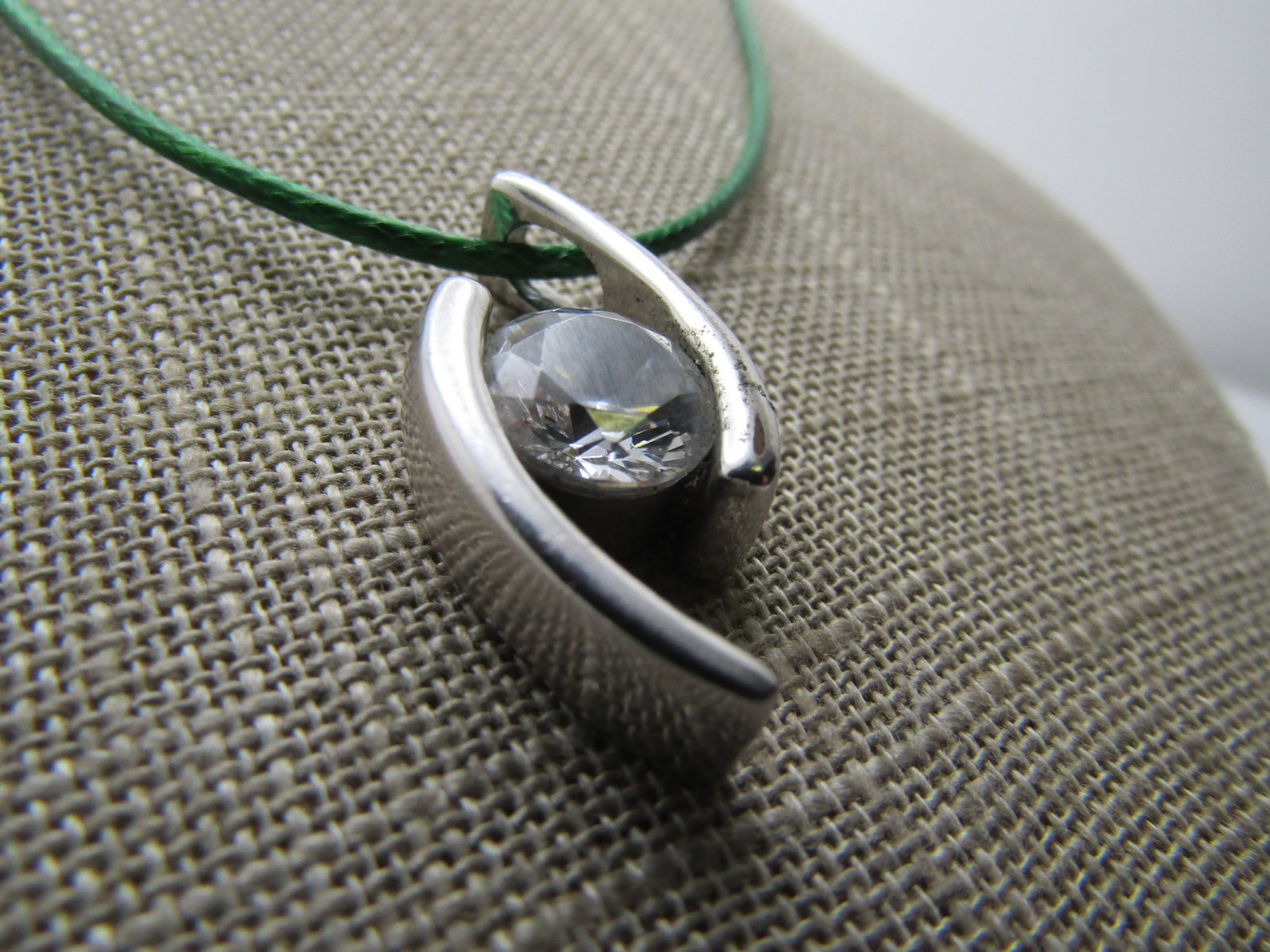 Vintage Rhinestone Bypass Pendant Necklace, 17"-19", Green Cord - 3