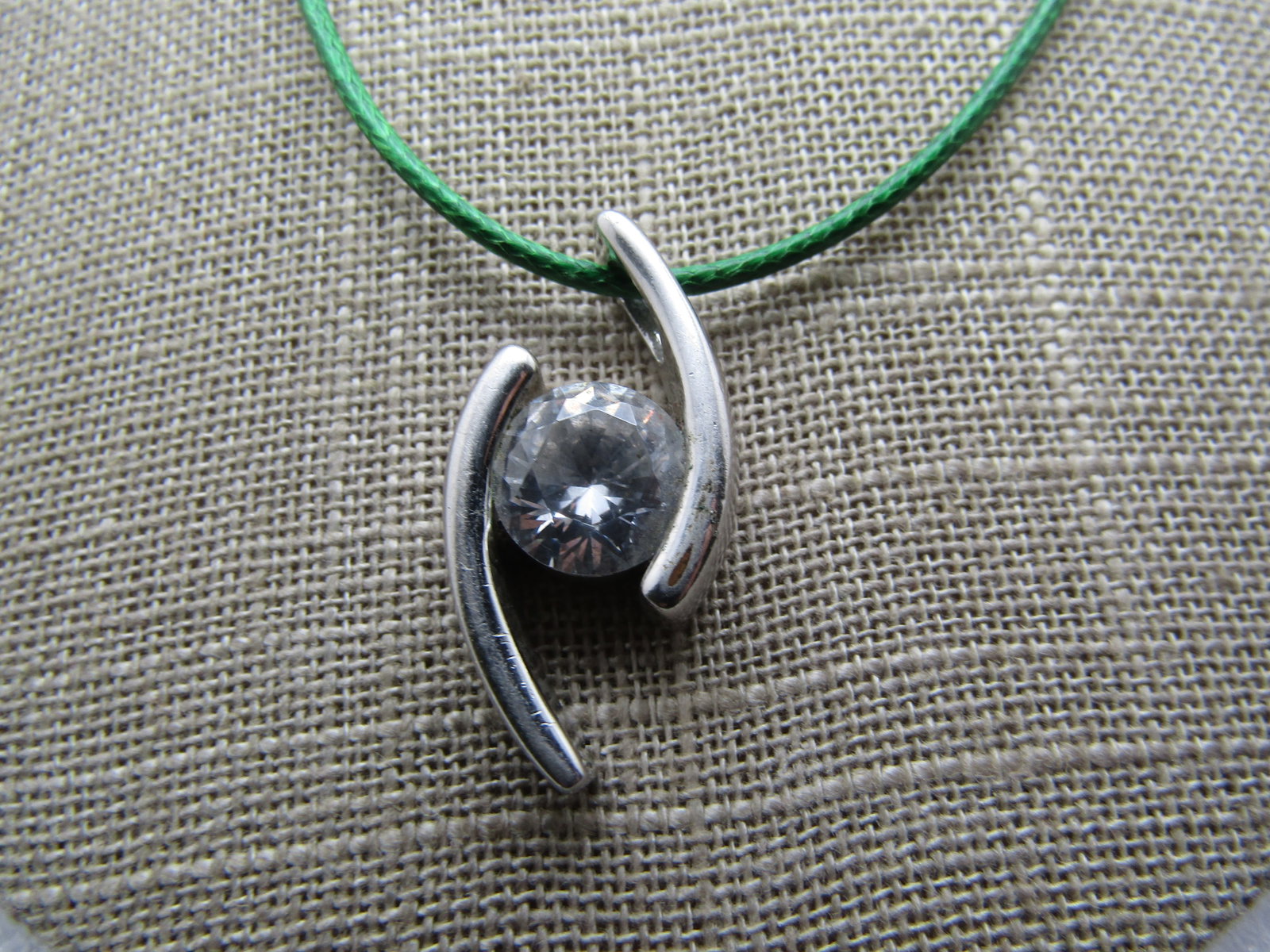 Vintage Rhinestone Bypass Pendant Necklace, 17"-19", Green Cord - 4