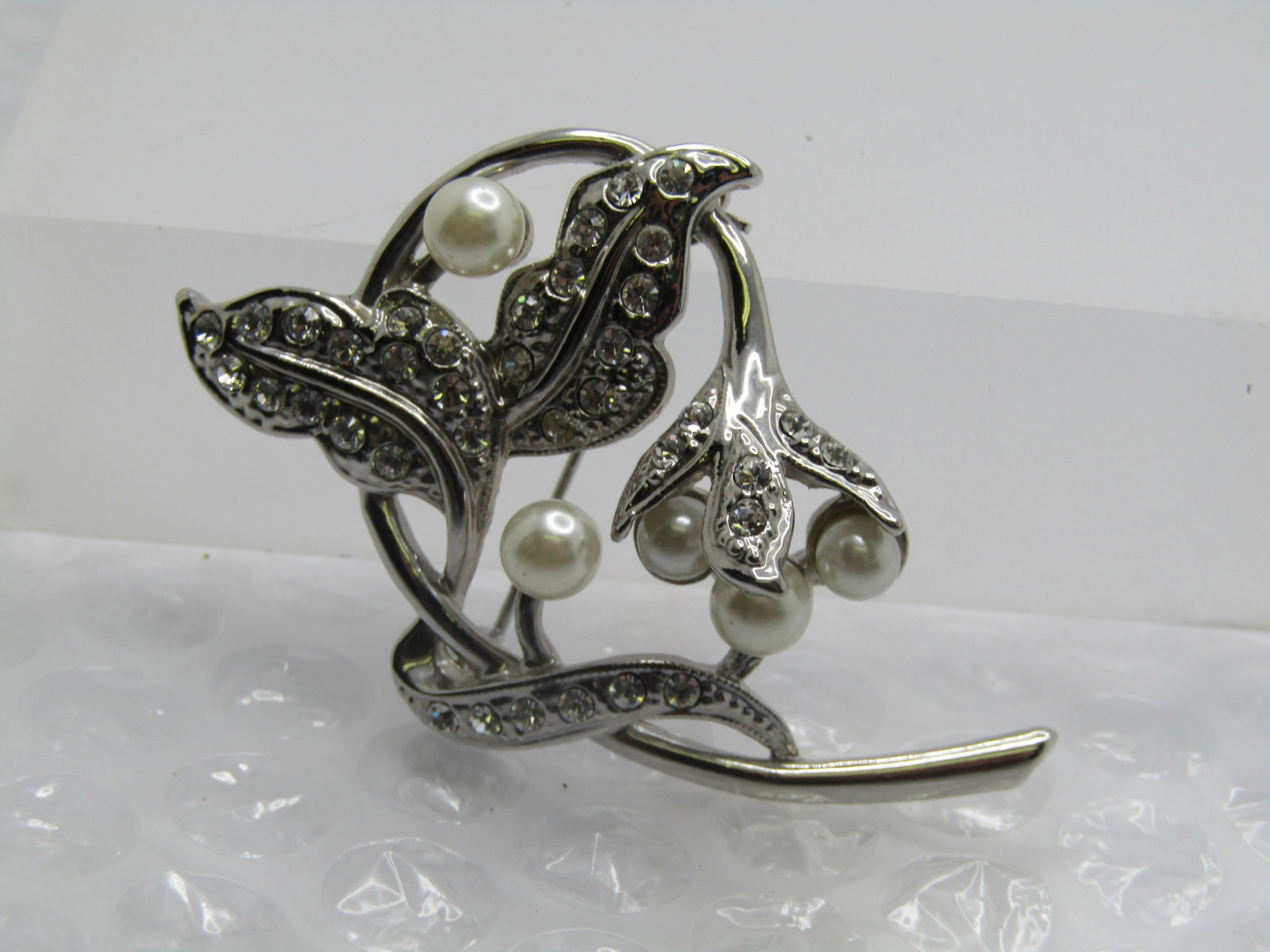 Vintage Faux Pearl & Rhinestone Leaf Stem Brooch, 1980's-1990's - 2