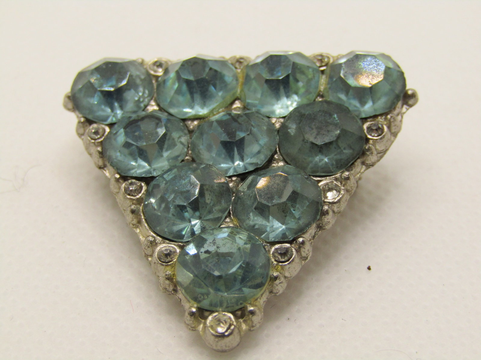 Vintage 1920's Blue & Clear Rhinestone Brooch, Triangular, 1.5" - 5