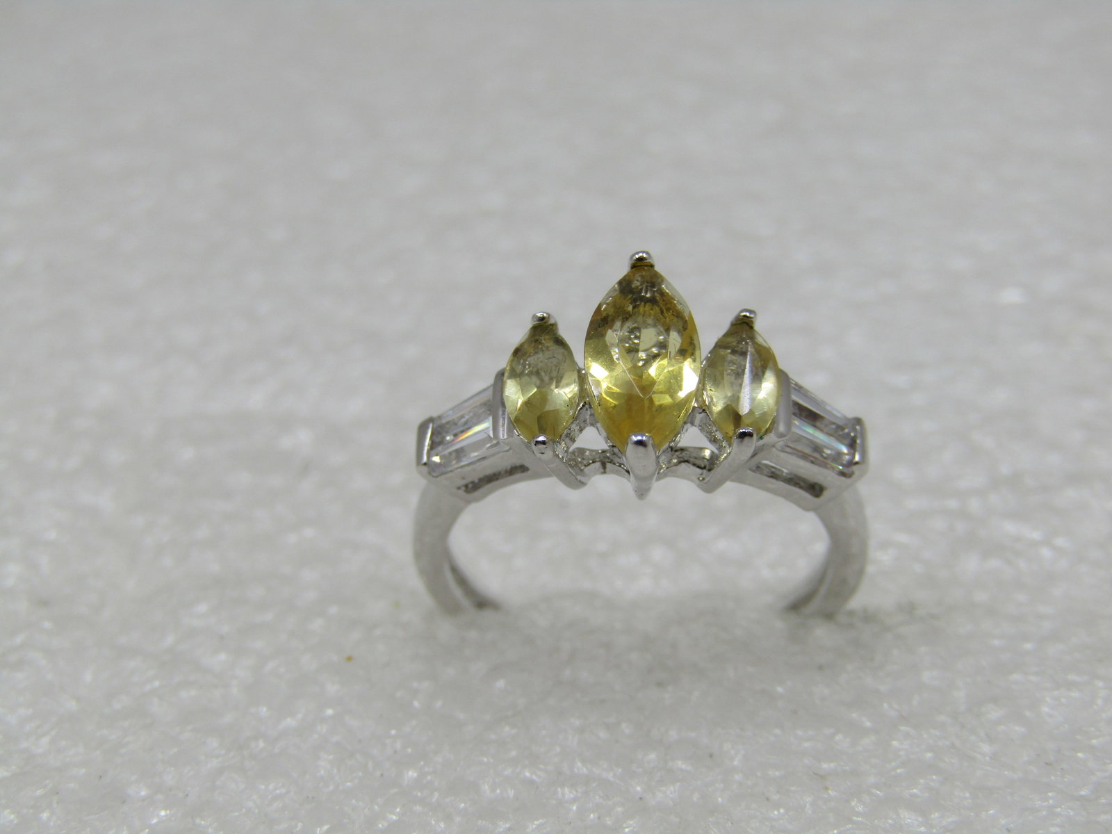Silver Plated Yellow & Clear Stone Ring, Sz. 6, Engagement/Cocktail: Title: Silver Plated Yellow & Clear Stone Ring, Sz. 6, Engagement/Cocktail Description: Silver Plated Yellow & Clear Stone Ring, Sz. 6, Engagement/Cocktail. Three glass/crystal marquise stones that ar