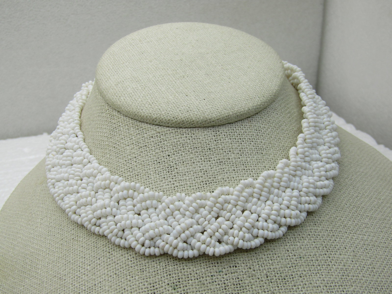 Vintage White Beaded Woven Choker Necklace, 14.5", 1930's-1940's - 2