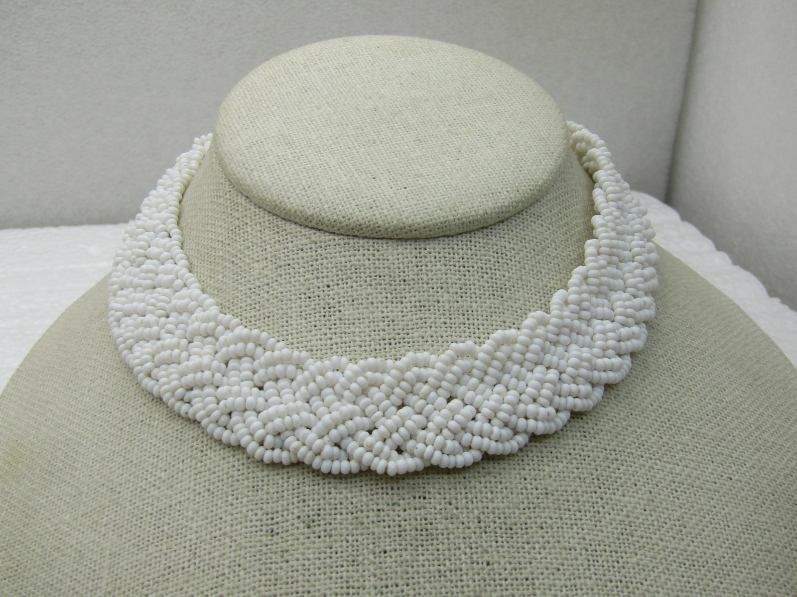 Vintage White Beaded Woven Choker Necklace, 14.5", 1930's-1940's - 3