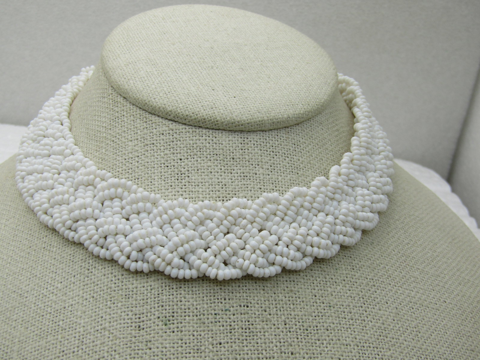 Vintage White Beaded Woven Choker Necklace, 14.5", 1930's-1940's - 4