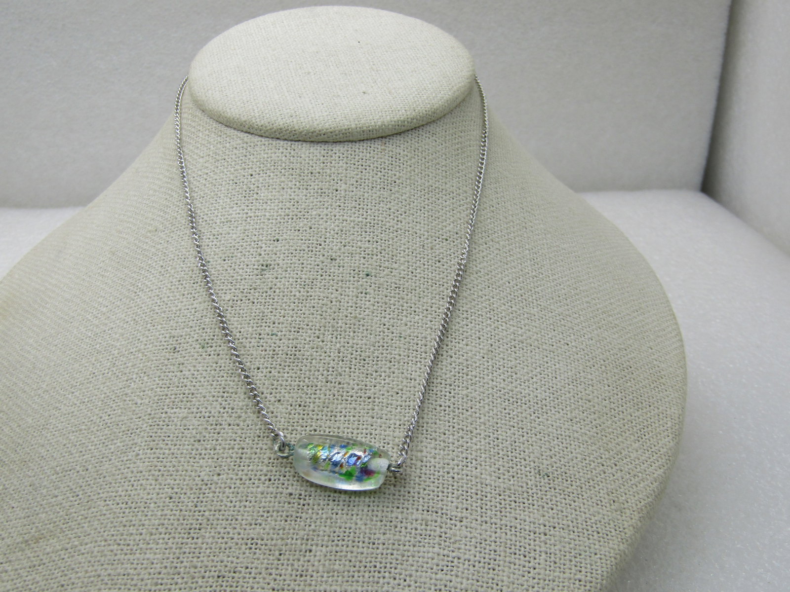Vintage Beeline Foil Glass Bead Necklace, 14", Silver Tone: Title: Vintage Beeline Foil Glass Bead Necklace, 14", Silver Tone Description: Vintage Beeline Foil Glass Bead Necklace, 14", Silver Tone with a single 1" oblong clear glass bead set the long way