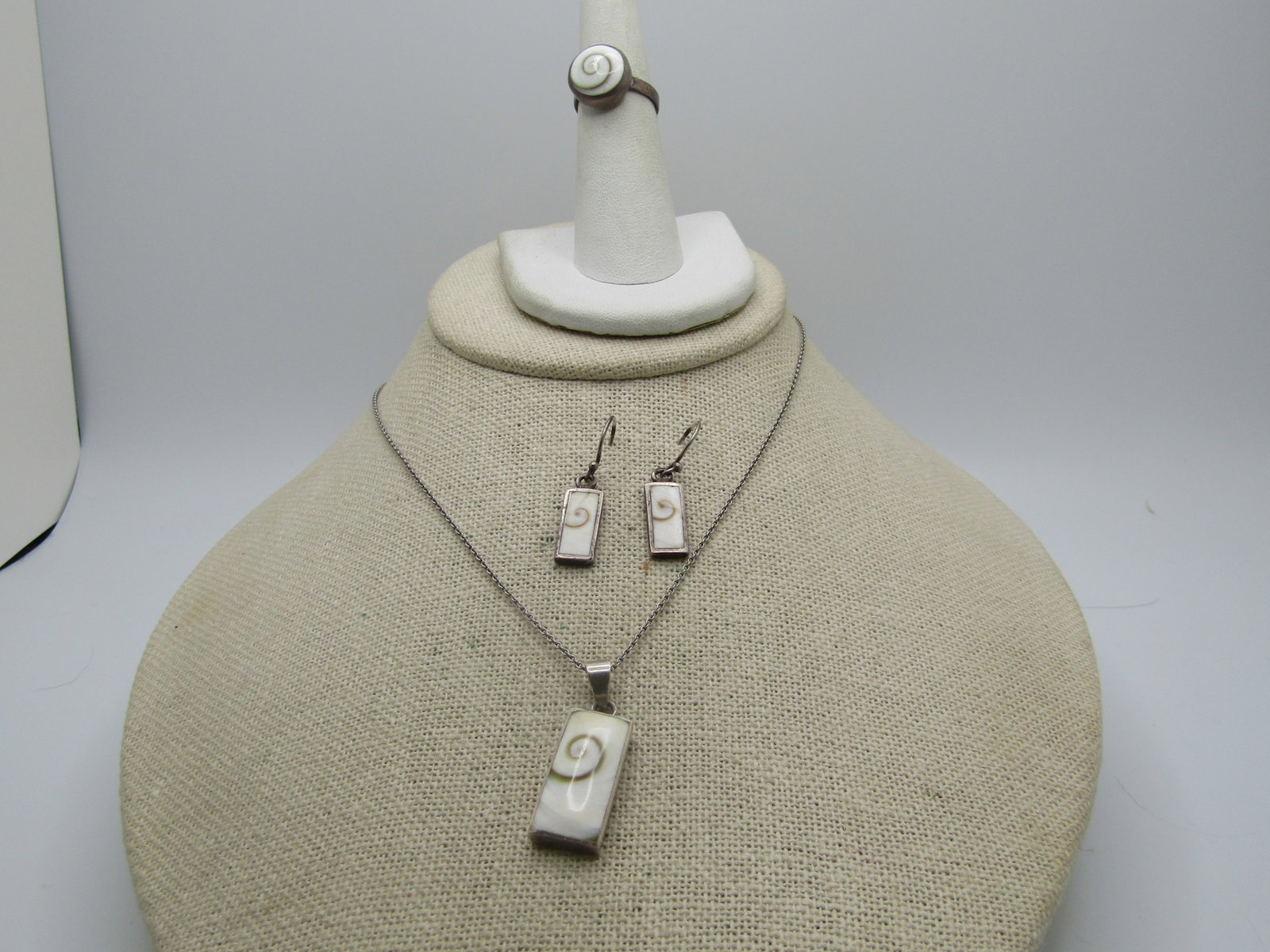 Vintage Swirled Glass Necklace, Earrings, Ring Set, 19", Sz. 5.5, Pierced - 2