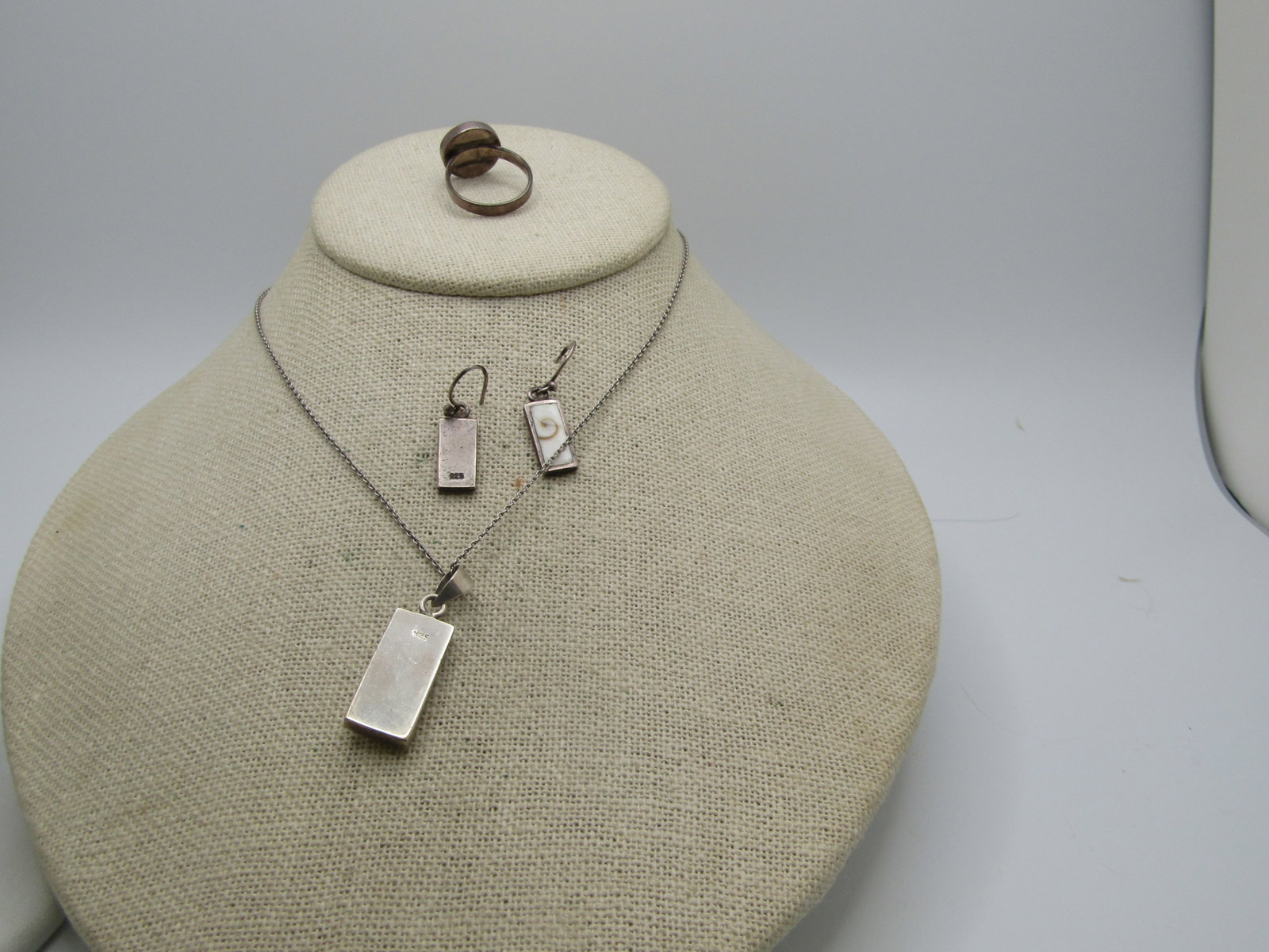 Vintage Swirled Glass Necklace, Earrings, Ring Set, 19", Sz. 5.5, Pierced - 6