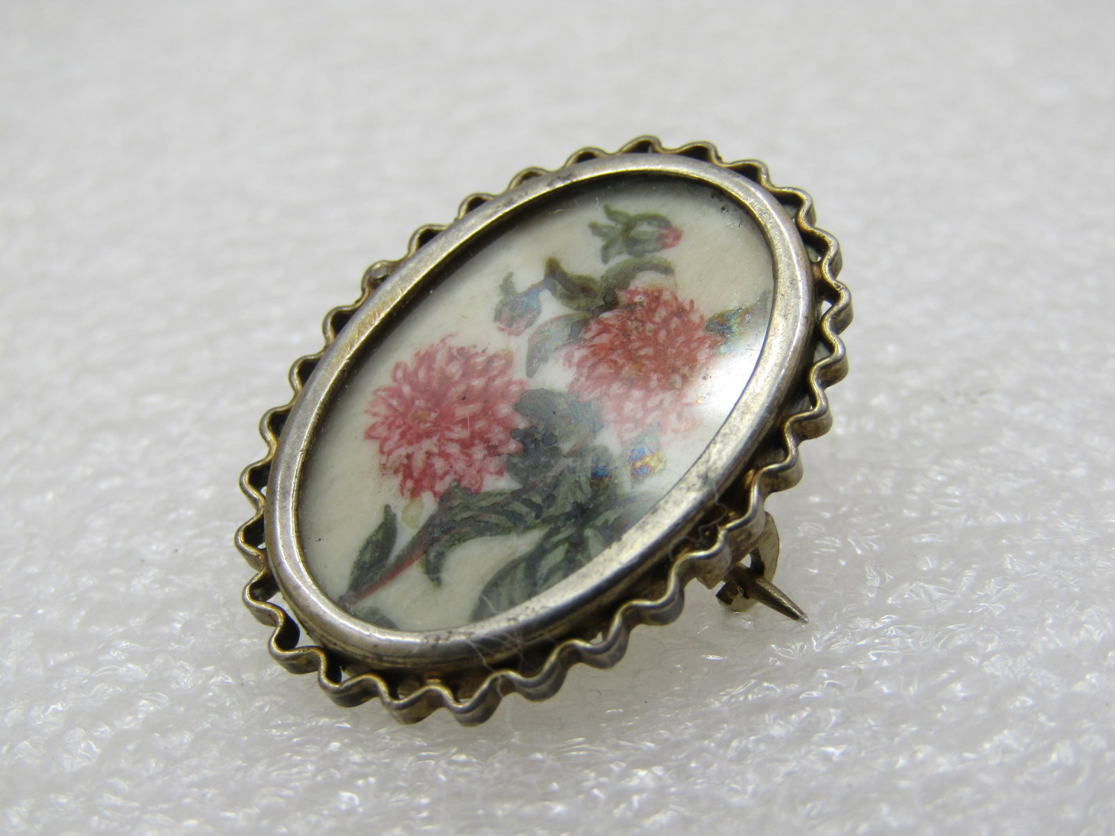 Vintage .800 SIlver Pink Dahlia Brooch, Signed - 3