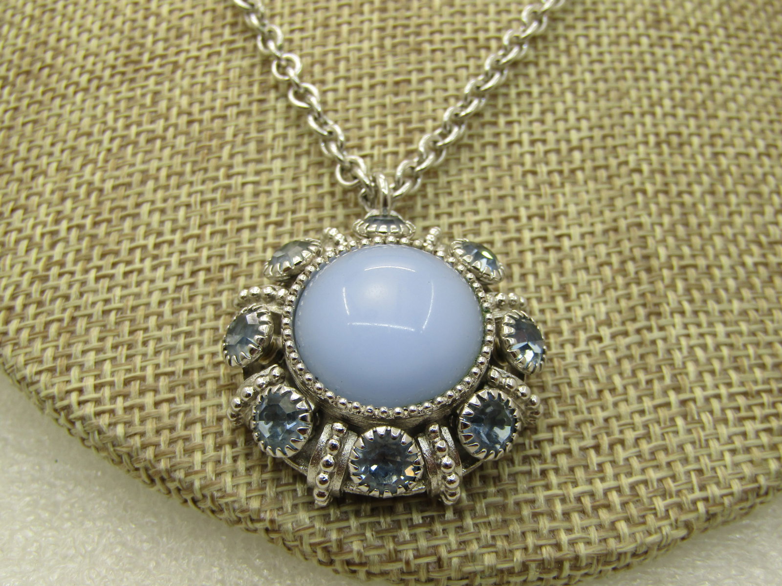 Blue Rhinestone & Glass Necklace, 24", Silver Tone - 2