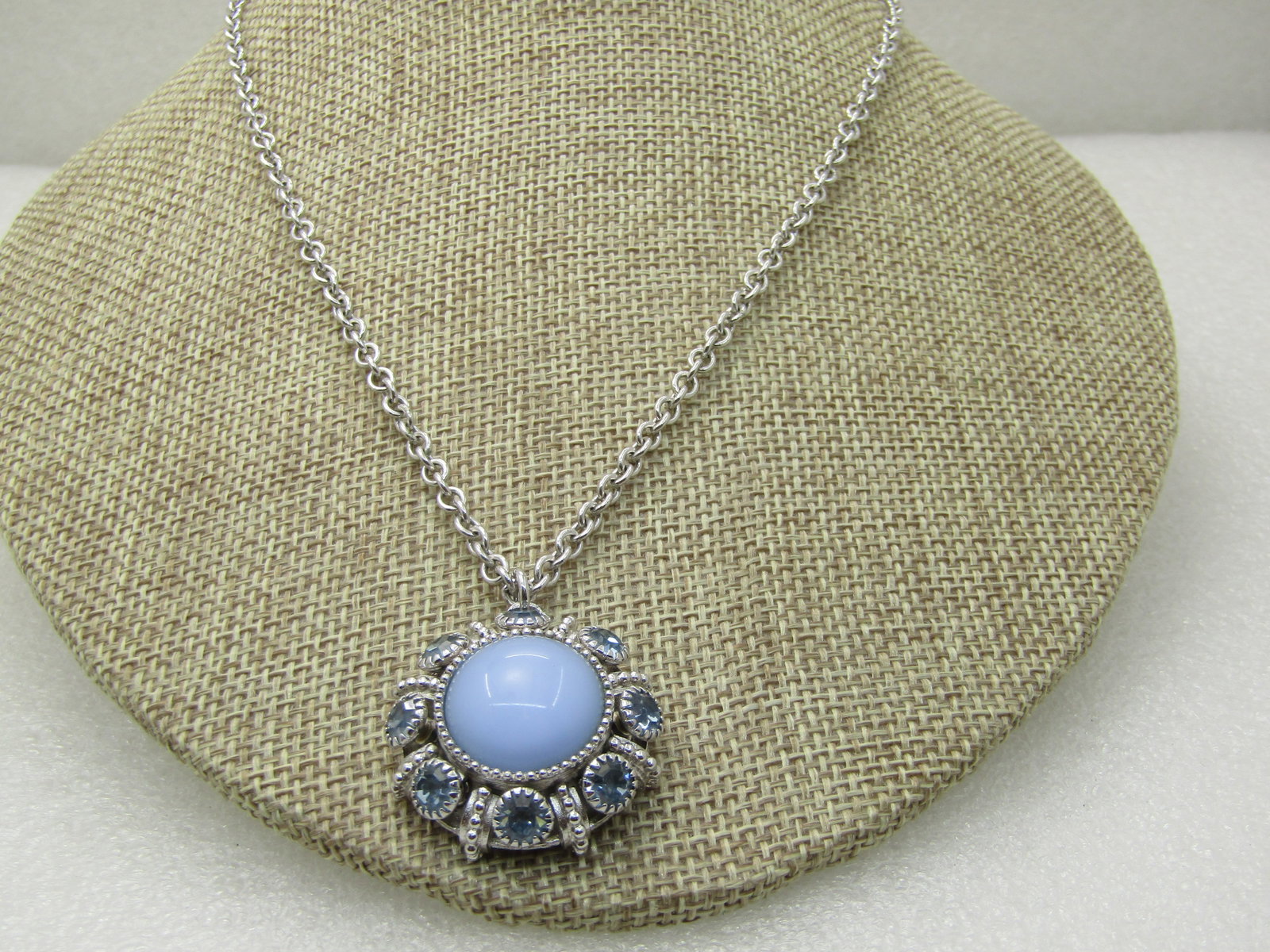 Blue Rhinestone & Glass Necklace, 24", Silver Tone - 3