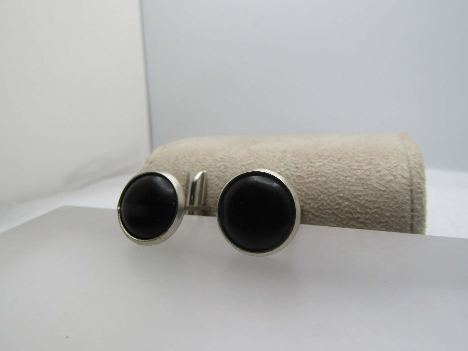 Vintage Black Glass Cufflinks, Bezel Set, 1960's - 2
