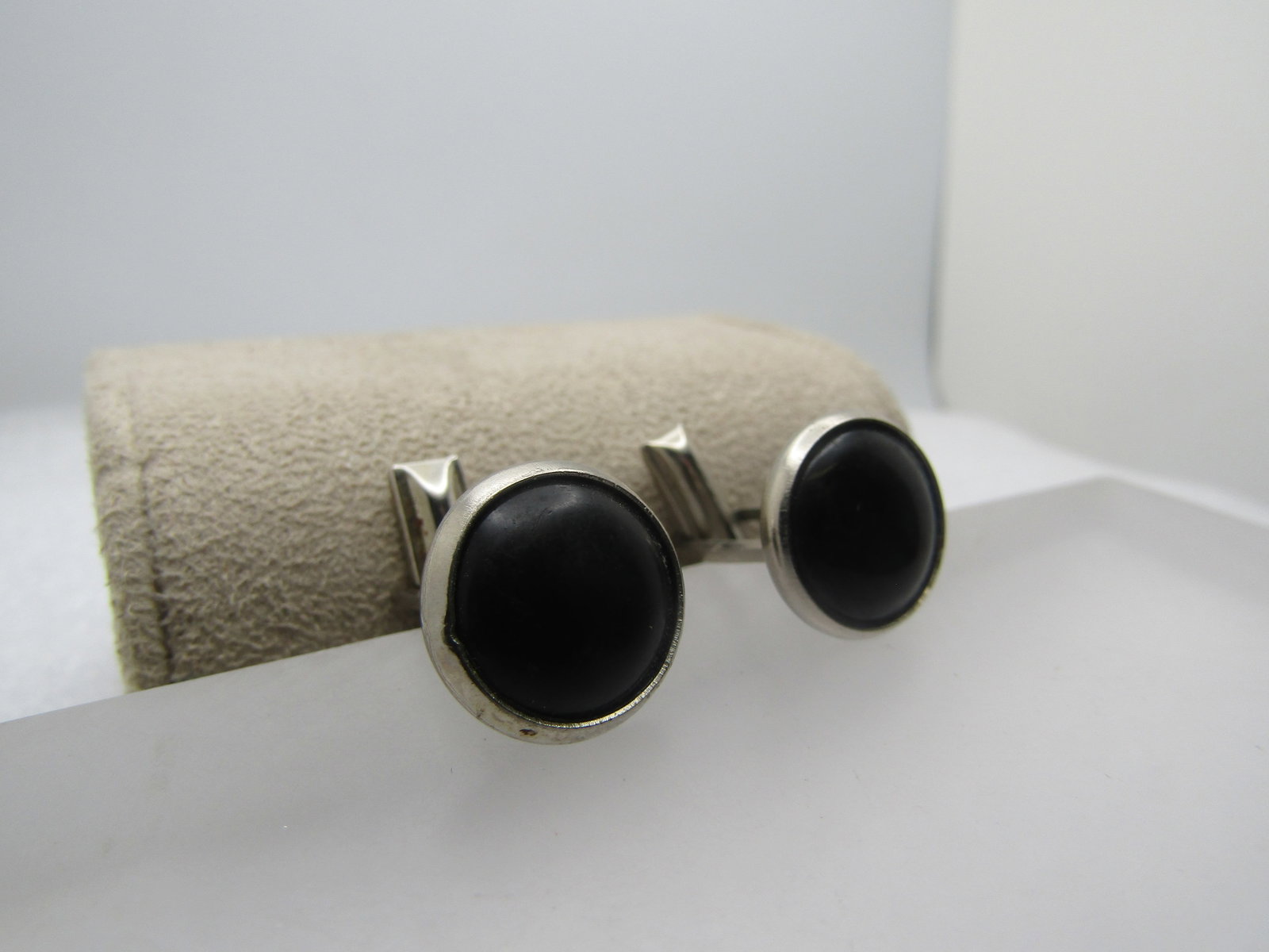 Vintage Black Glass Cufflinks, Bezel Set, 1960's - 3