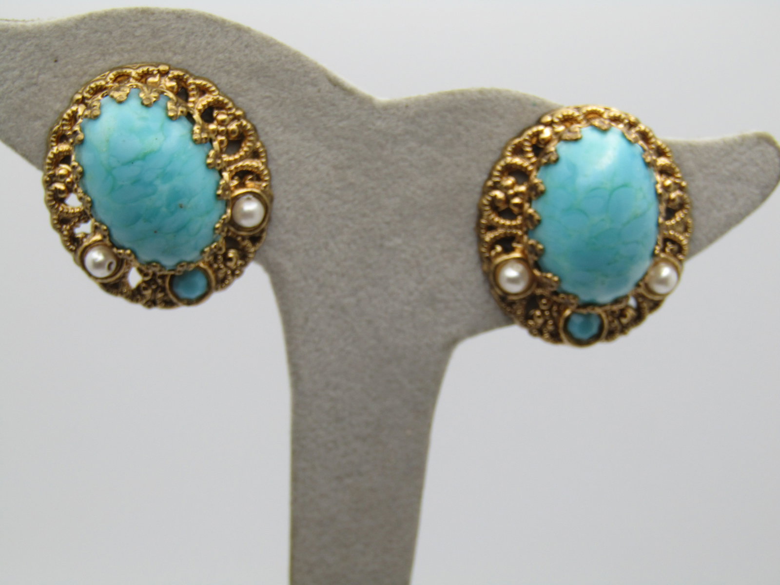 Vintage Faux Turquoise & Pearl Clip Earrings, W. Germany, 1950's-1960's: Title: Vintage Faux Turquoise & Pearl Clip Earrings, W. Germany, 1950's-1960's Description: Vintage Faux Turquoise & Pearl Clip Earrings, W. Germany, 1950's-1960's, Gold tone filigree base with an app