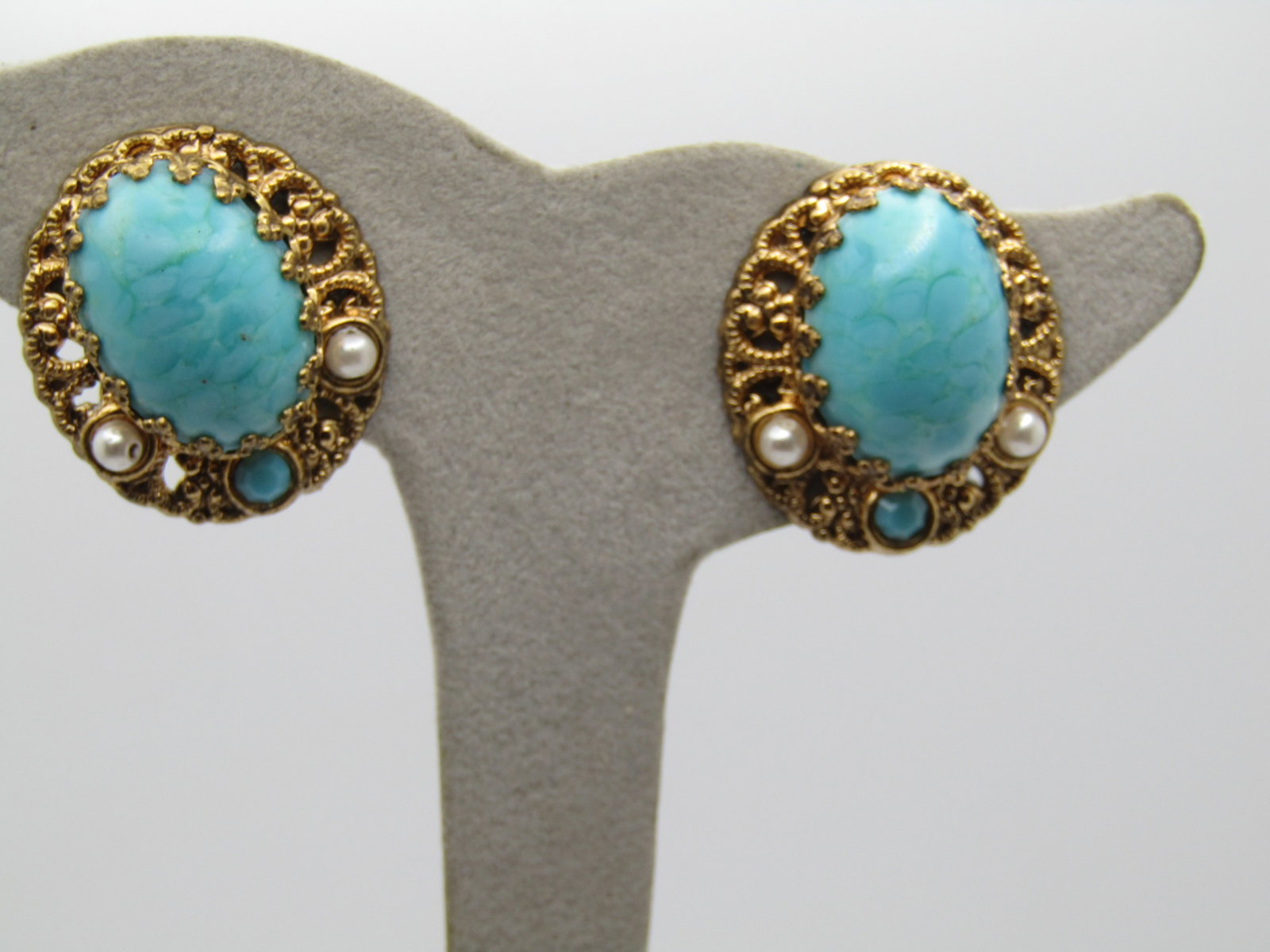 Vintage Faux Turquoise & Pearl Clip Earrings, W. Germany, 1950's-1960's - 2