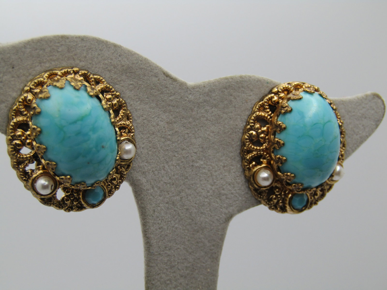 Vintage Faux Turquoise & Pearl Clip Earrings, W. Germany, 1950's-1960's - 3